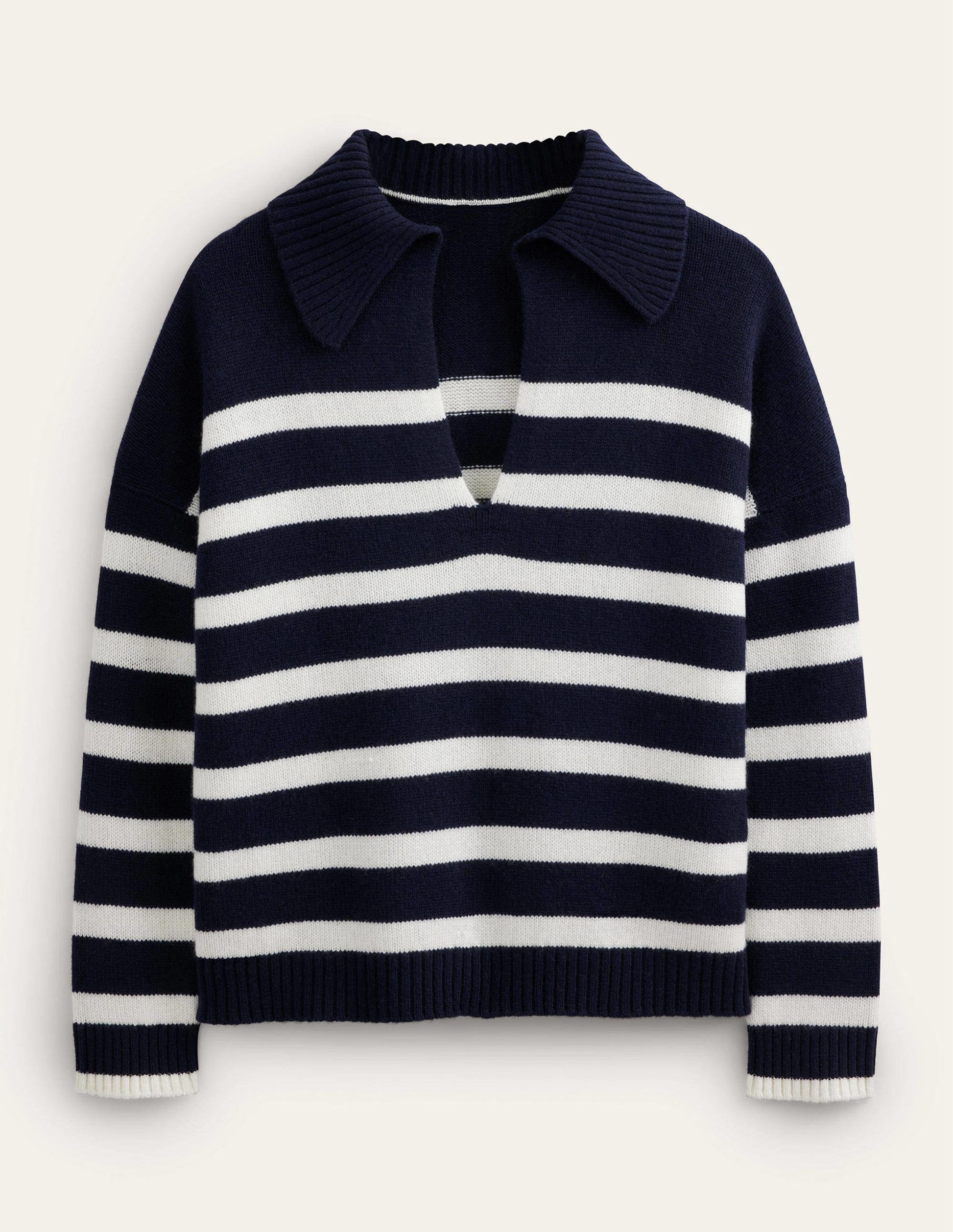 Collared Cashmere Jumper-Navy, Ivory Stripe-7