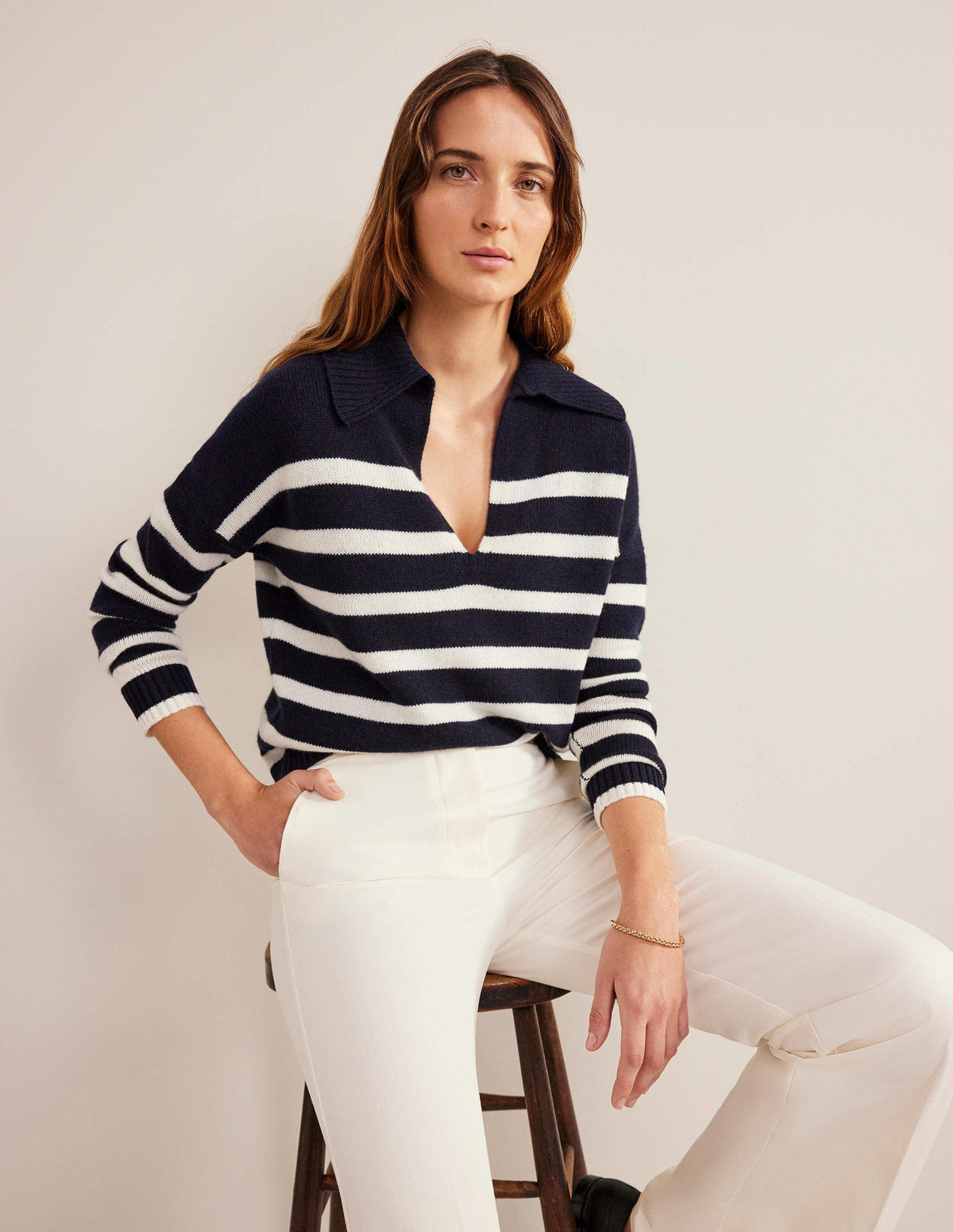 Collared Cashmere Jumper-Navy, Ivory Stripe-1