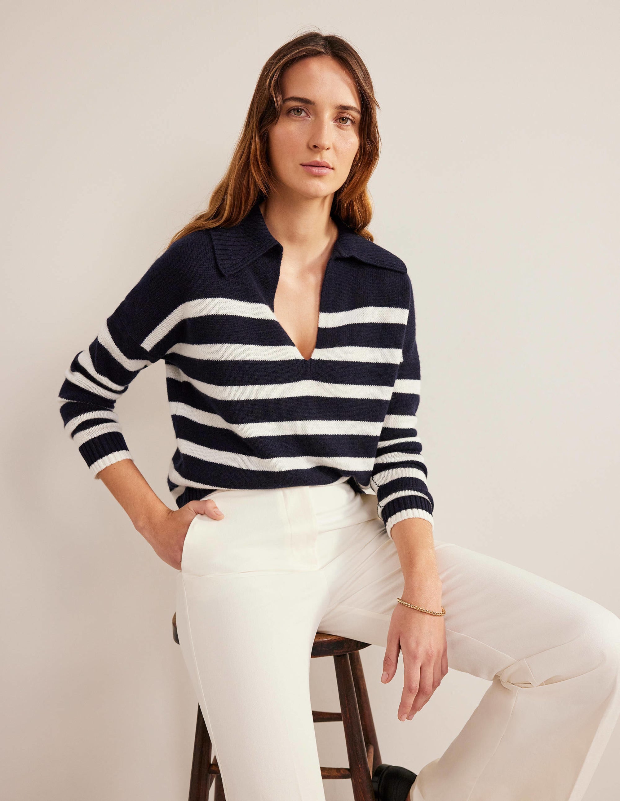 Collared Cashmere Jumper-Navy, Ivory Stripe - Image 1