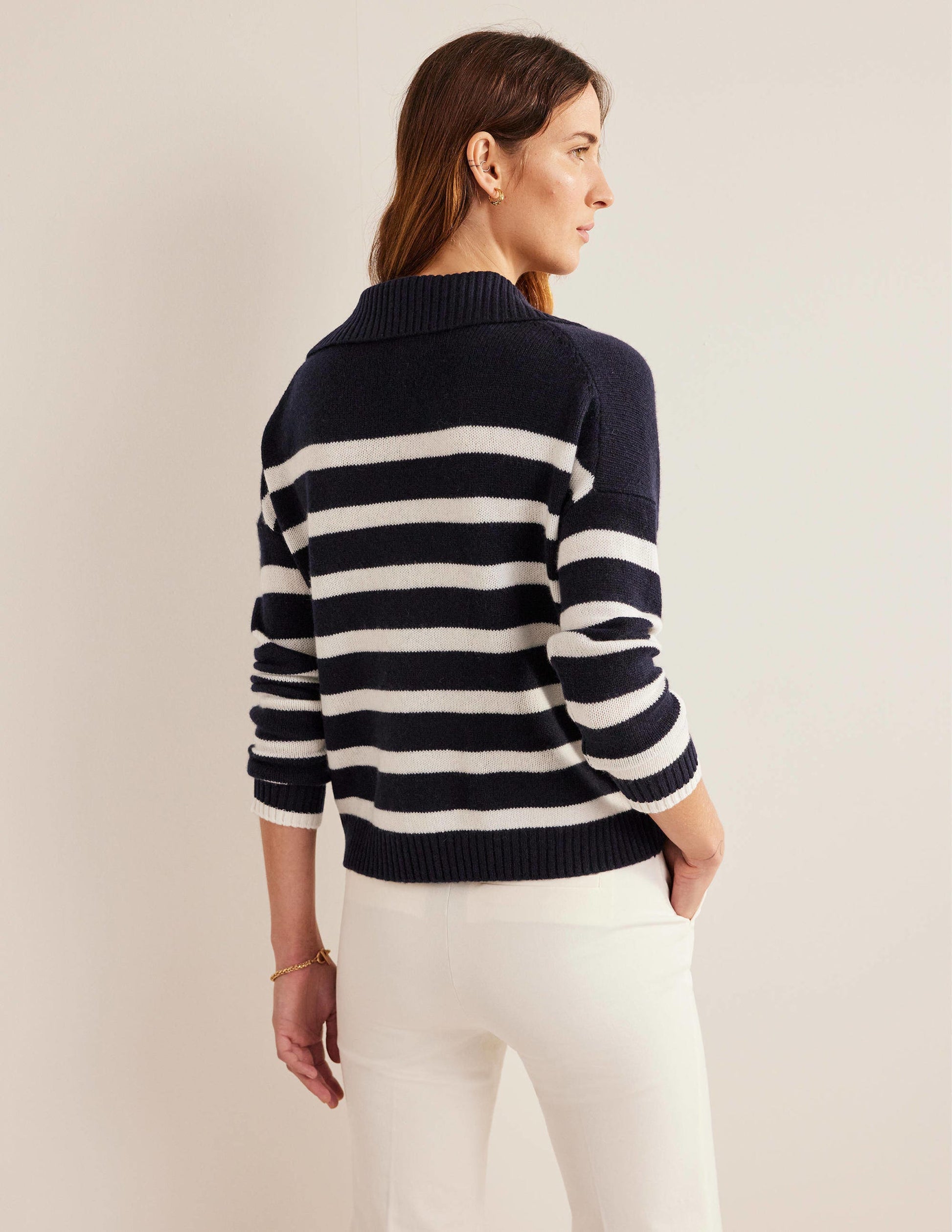 Collared Cashmere Jumper-Navy, Ivory Stripe-3