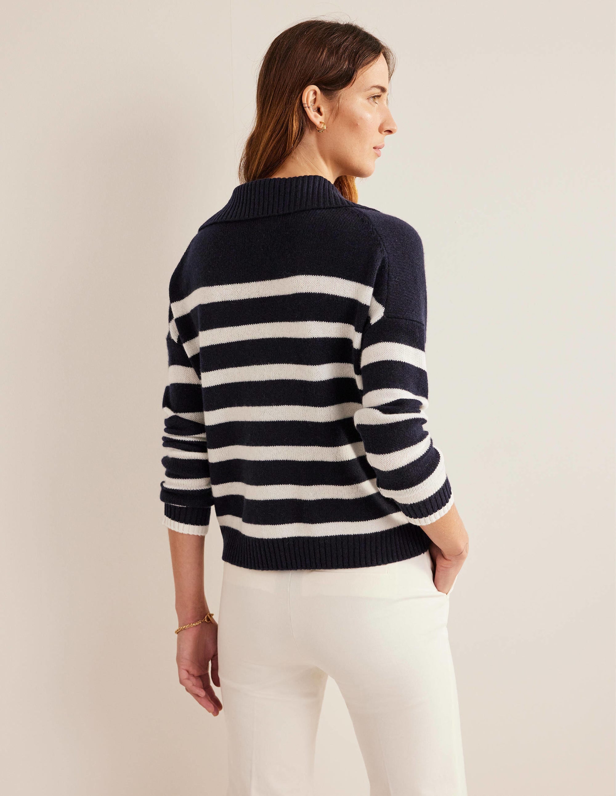 Collared Cashmere Jumper-Navy, Ivory Stripe - Image 3