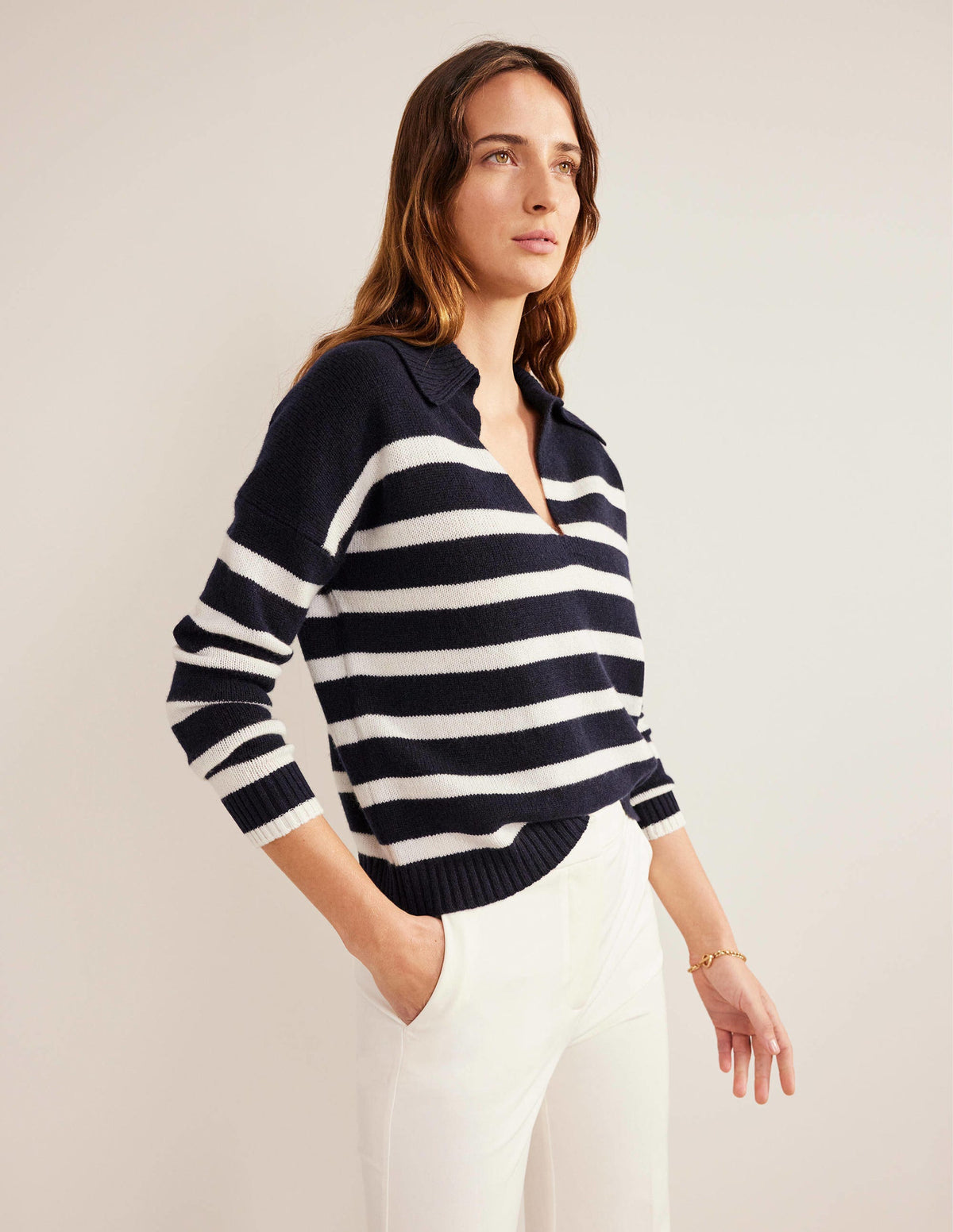 Collared Cashmere Jumper-Navy, Ivory Stripe-4