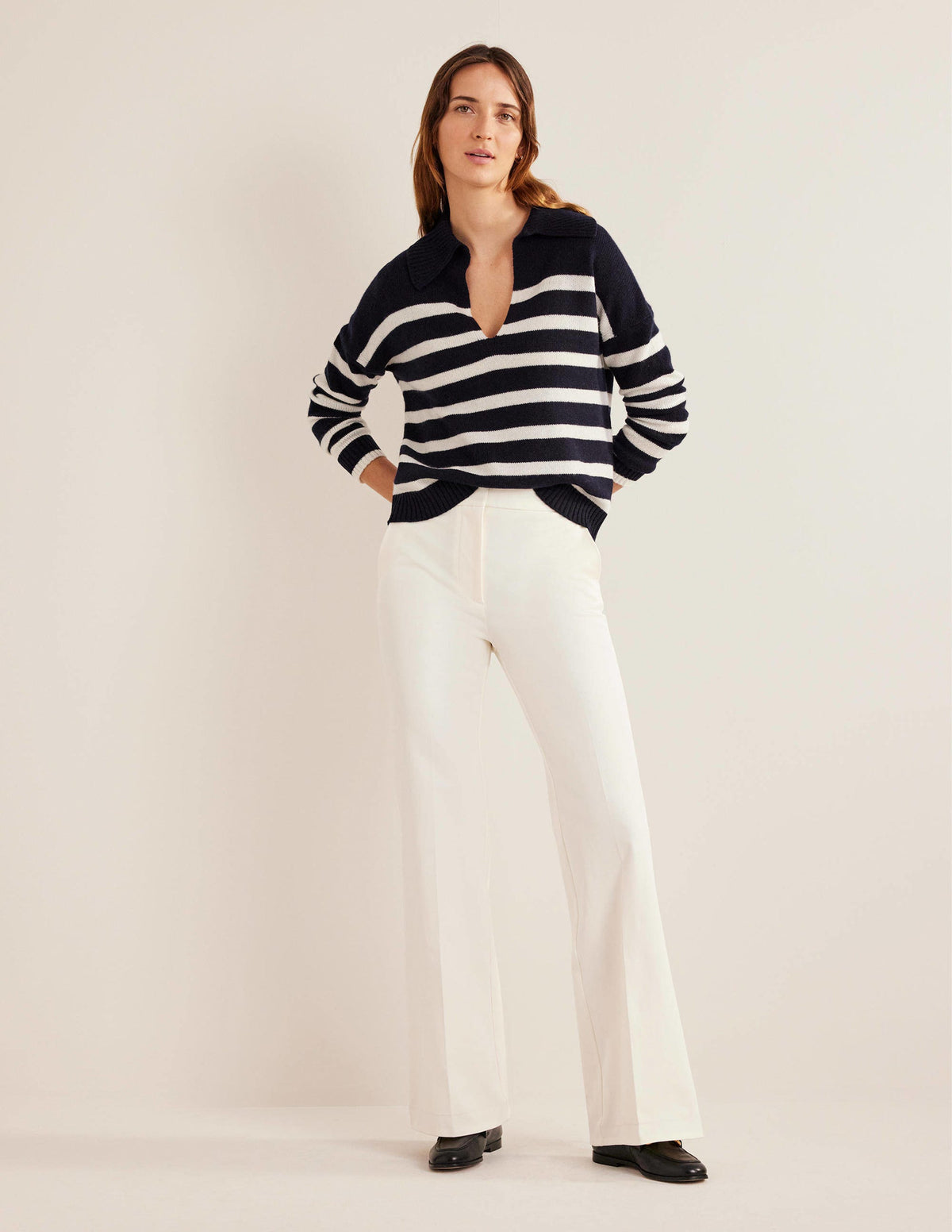Collared Cashmere Jumper-Navy, Ivory Stripe-5