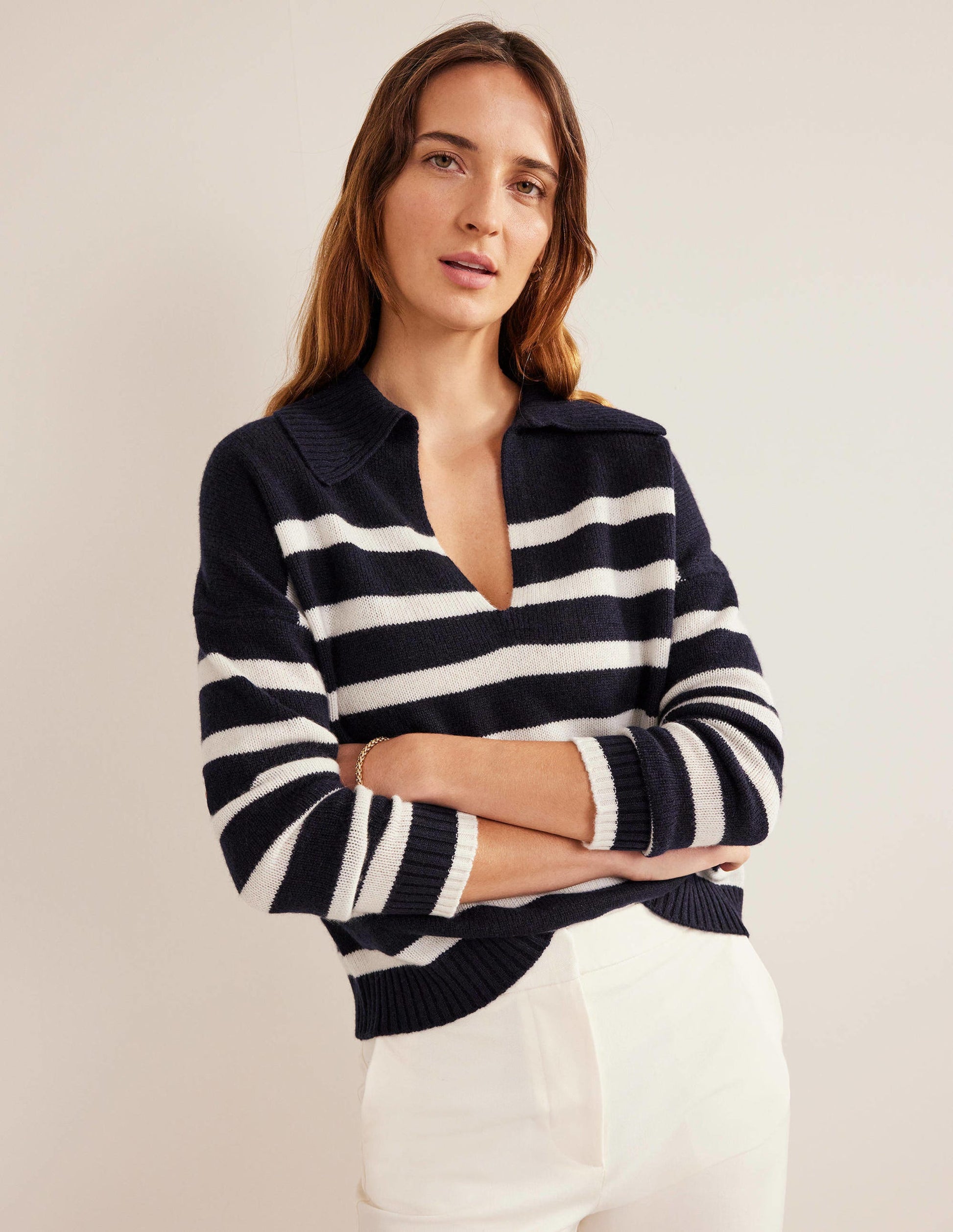 Collared Cashmere Jumper-Navy, Ivory Stripe-6