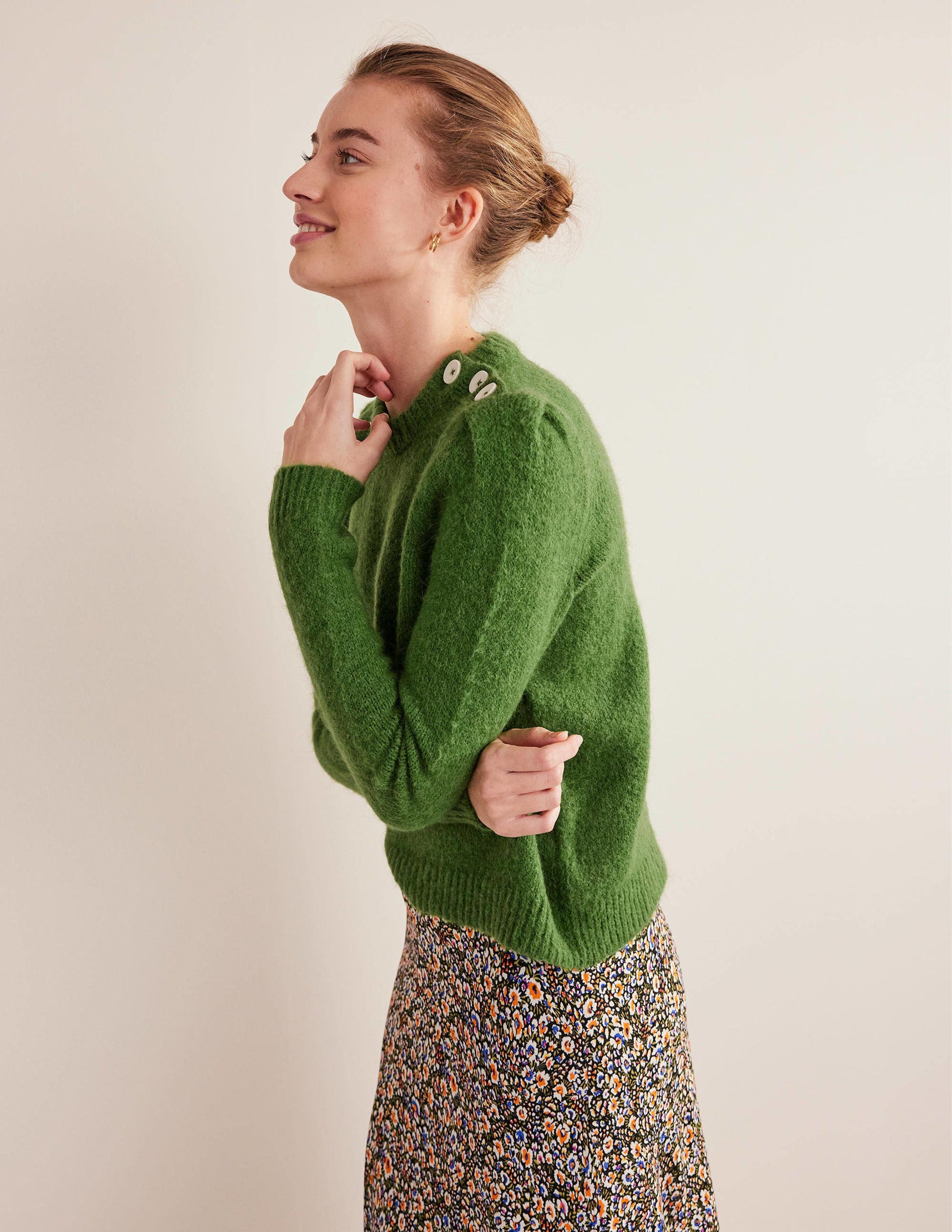 Fluffy Button Shoulder Jumper-Broad Bean-1
