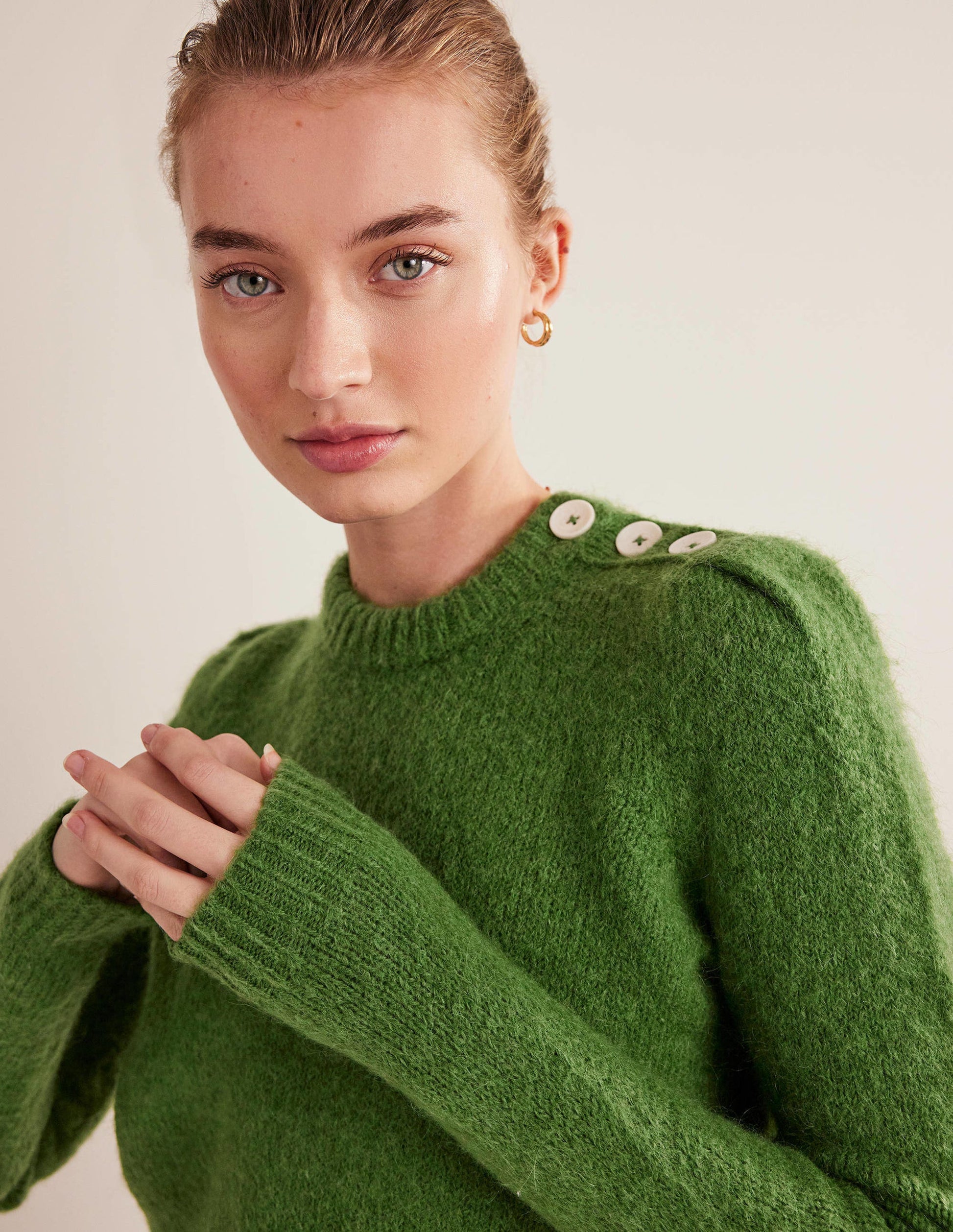 Fluffy Button Shoulder Jumper-Broad Bean-2