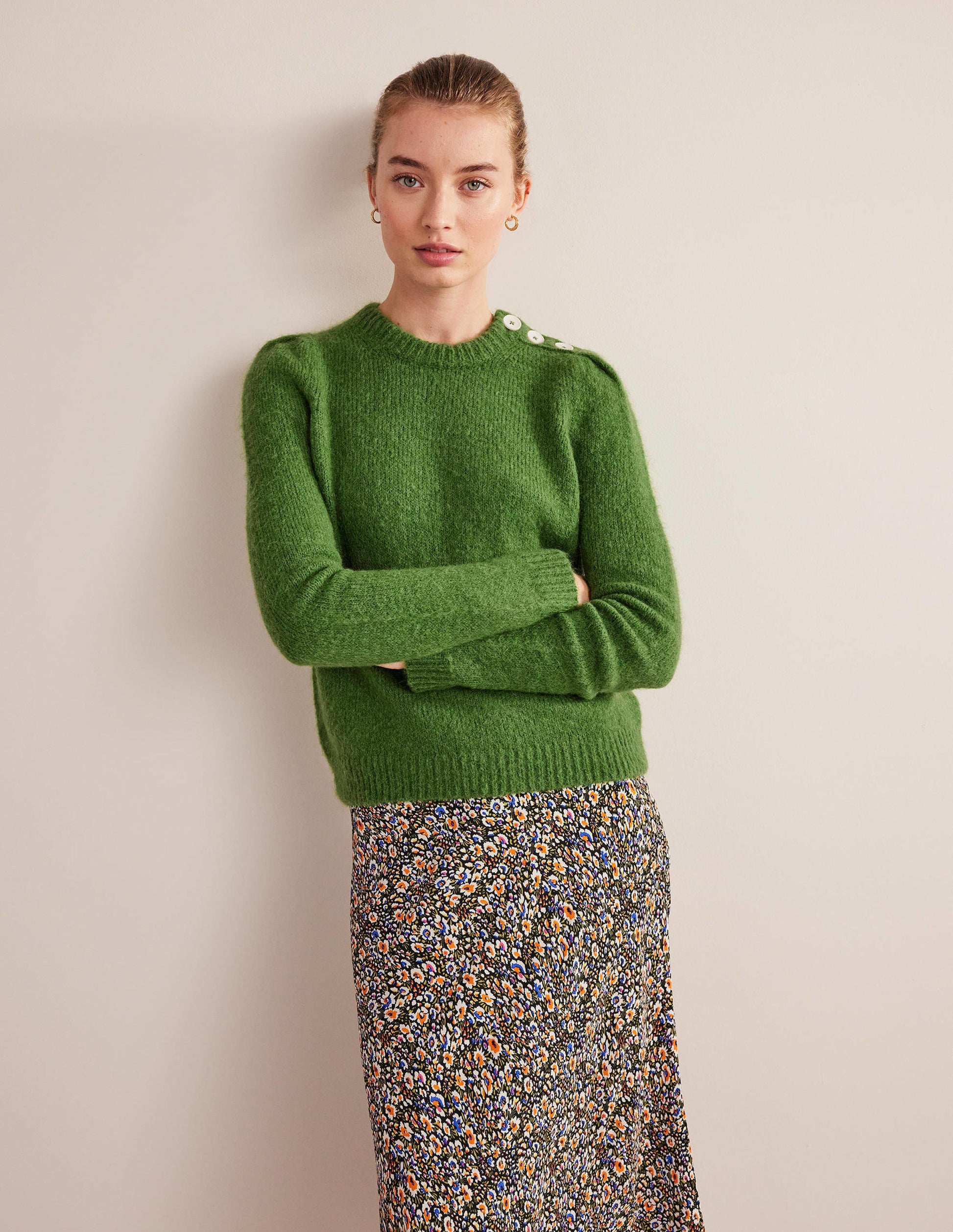 Fluffy Button Shoulder Jumper-Broad Bean-4