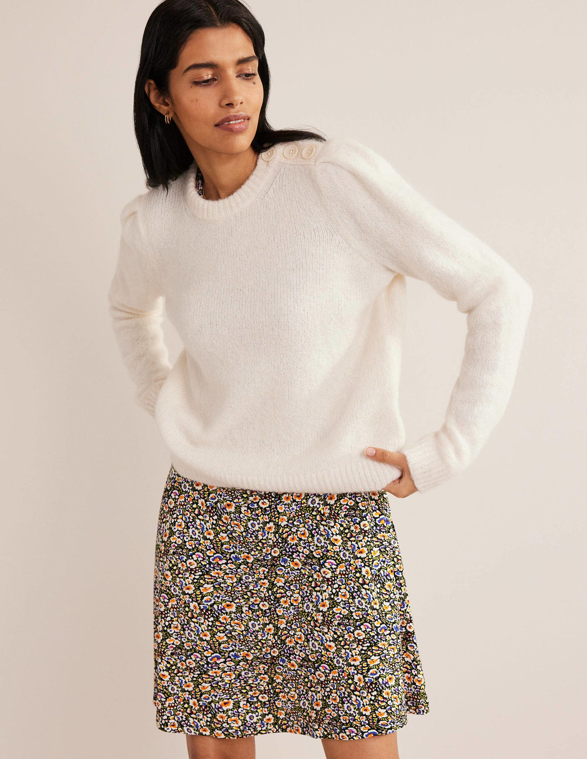 Fluffy Button Shoulder Jumper-Warm Ivory - Image 1