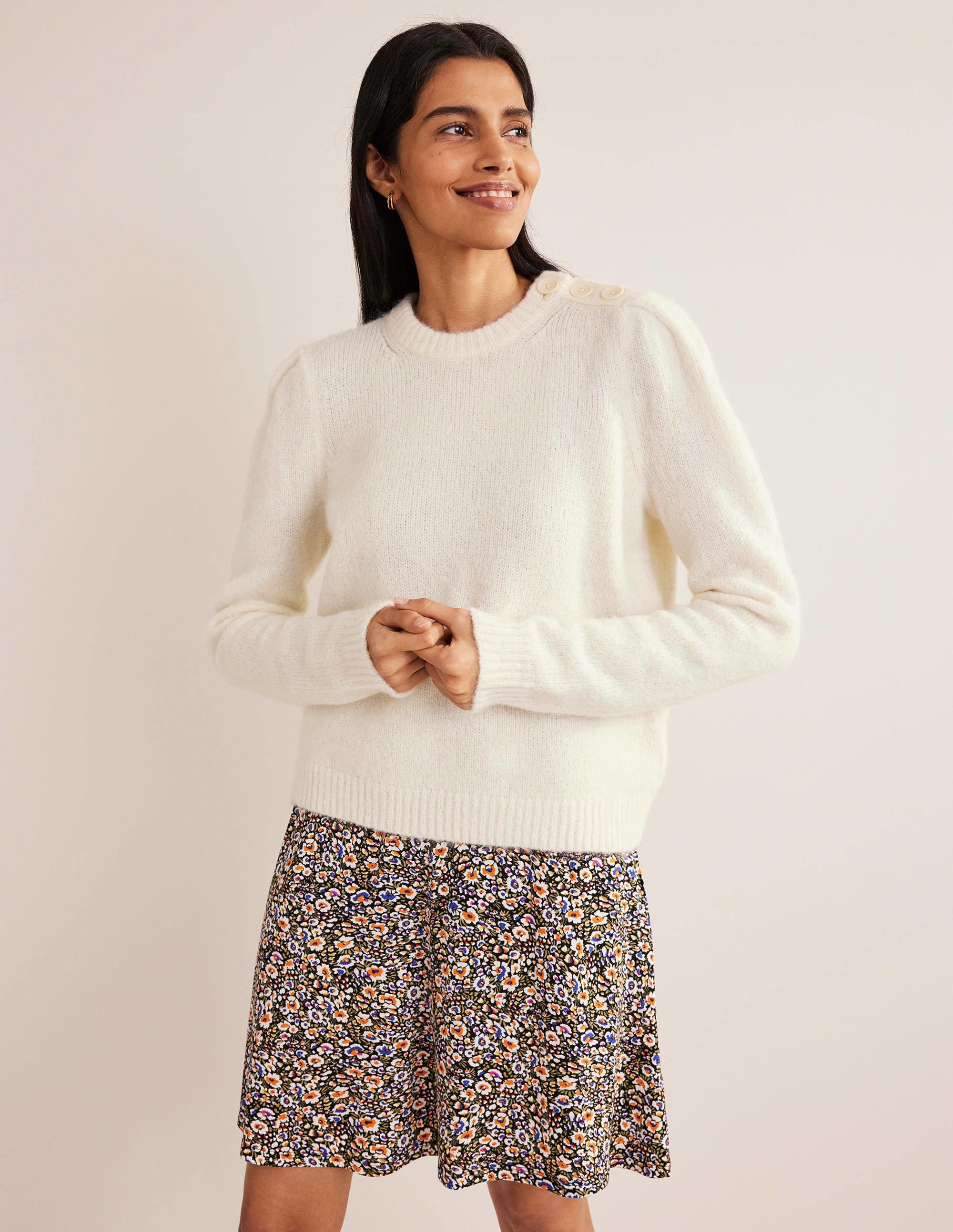 Fluffy Button Shoulder Jumper-Warm Ivory - Image 4