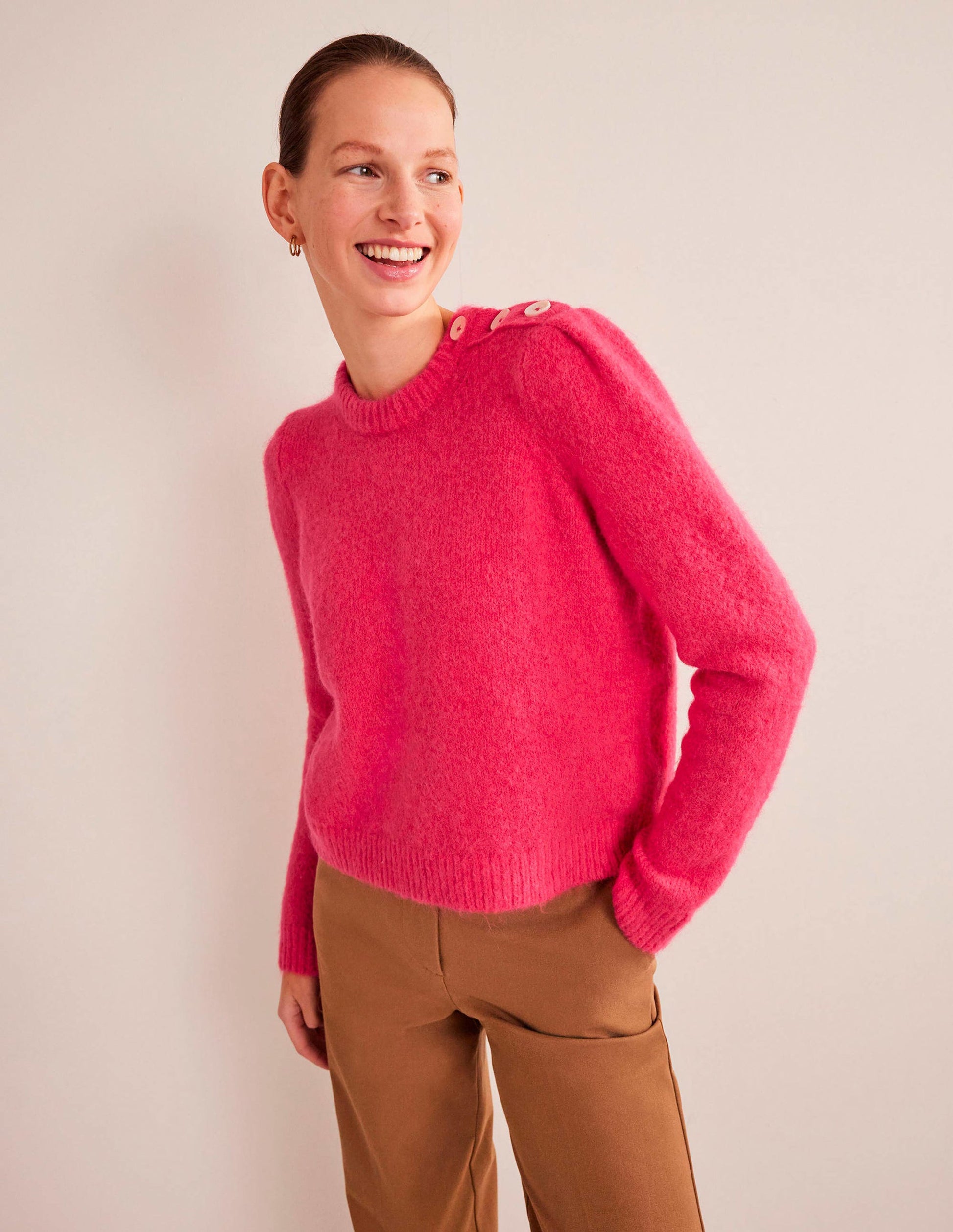 Fluffy Button Shoulder Jumper-Virtual Pink-1