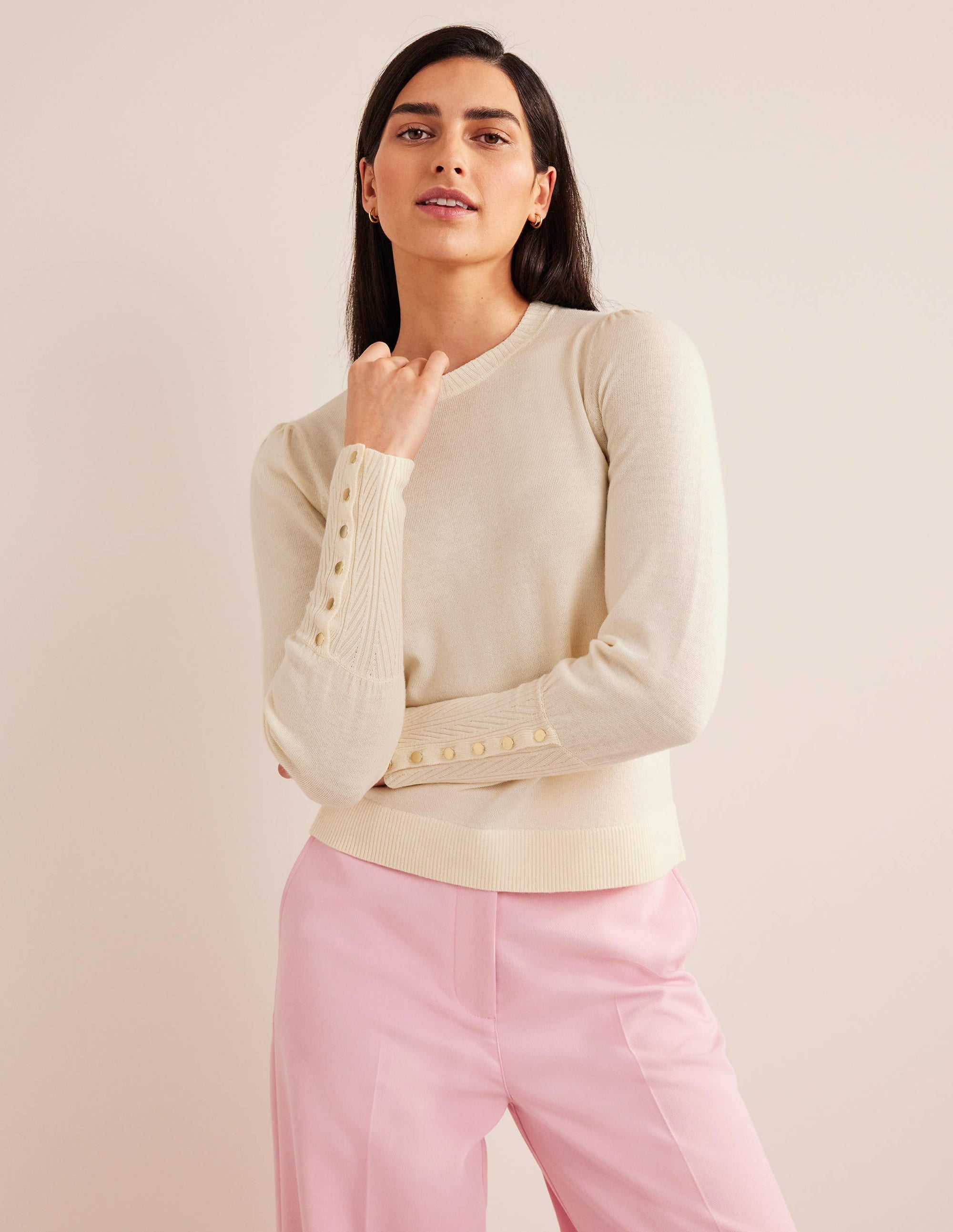 Button Cuff Merino Jumper-Warm Ivory - Image 1