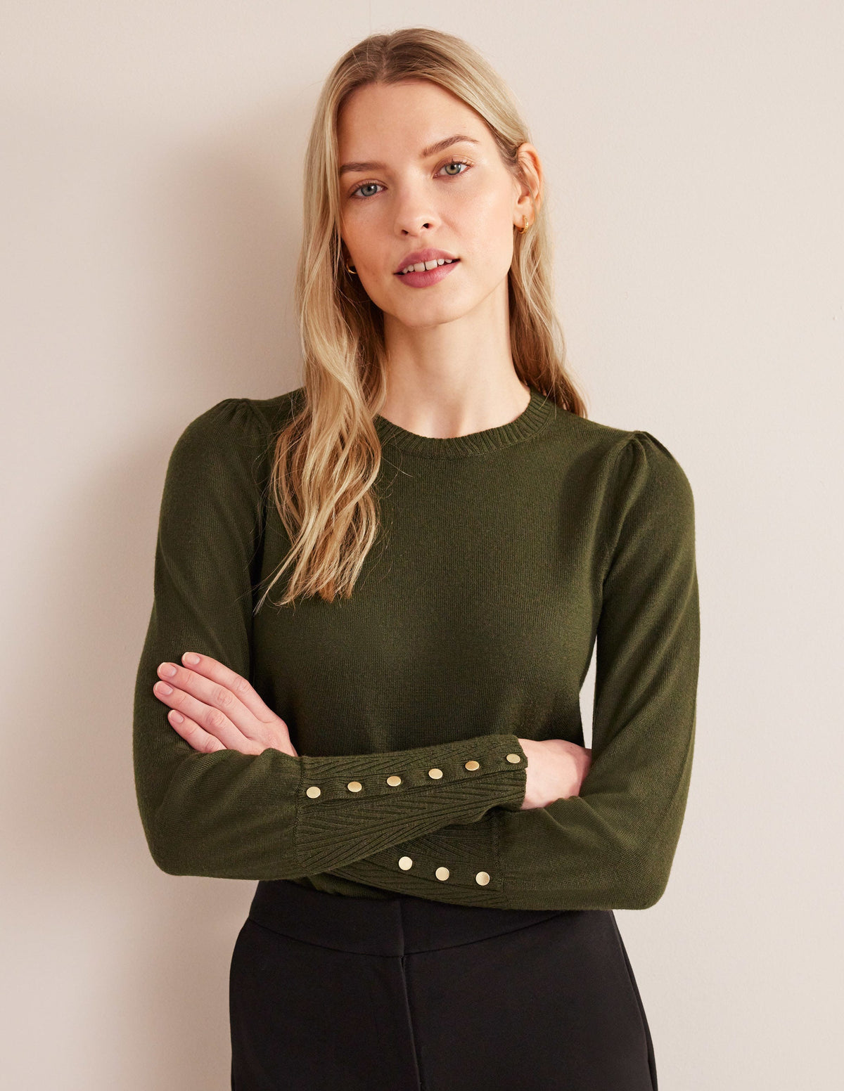 Button Cuff Merino Jumper-Khaki - Image 1