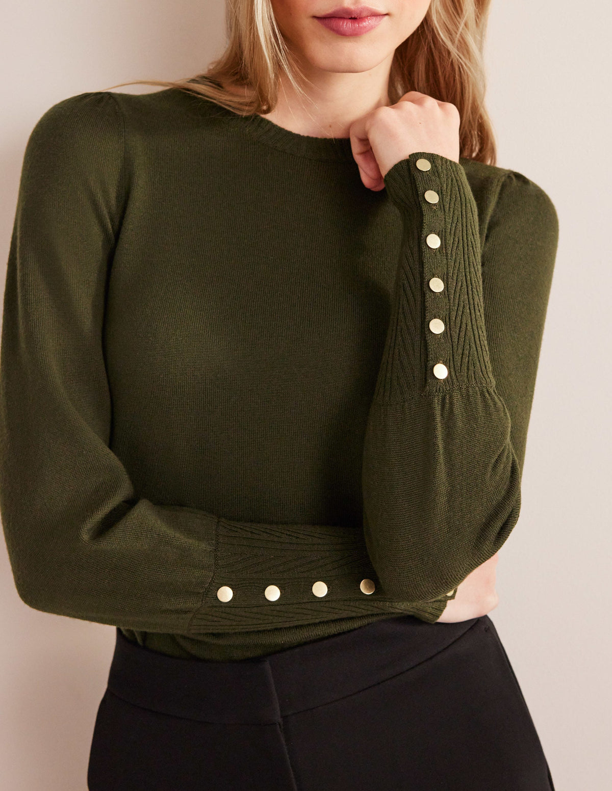 Button Cuff Merino Jumper-Khaki - Image 2