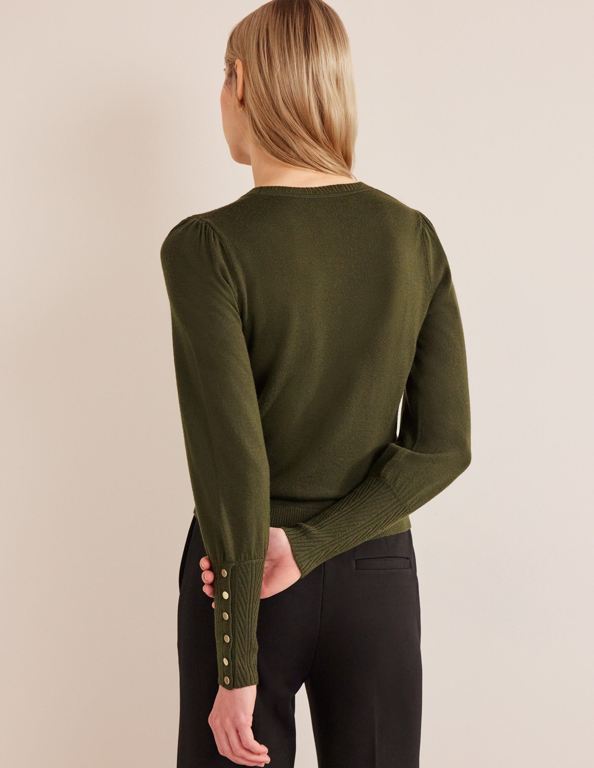 Button Cuff Merino Jumper-Khaki-3