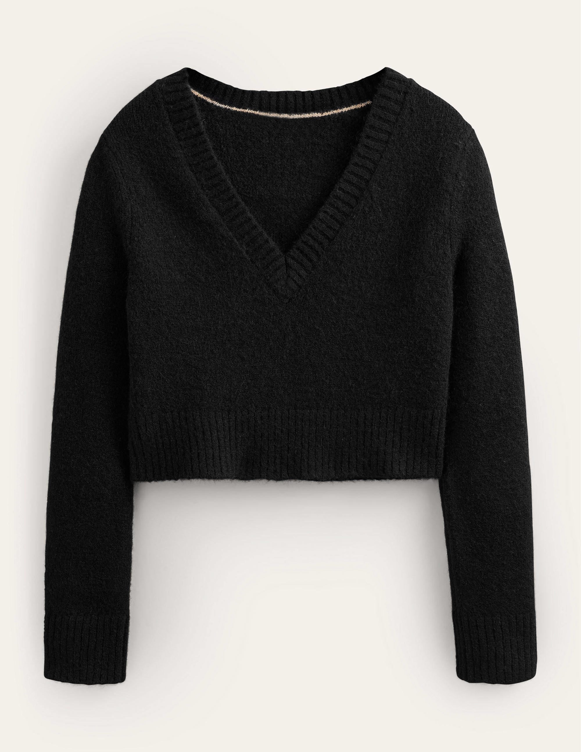 Fluffy Cropped V-Neck Jumper-Black - Image 5
