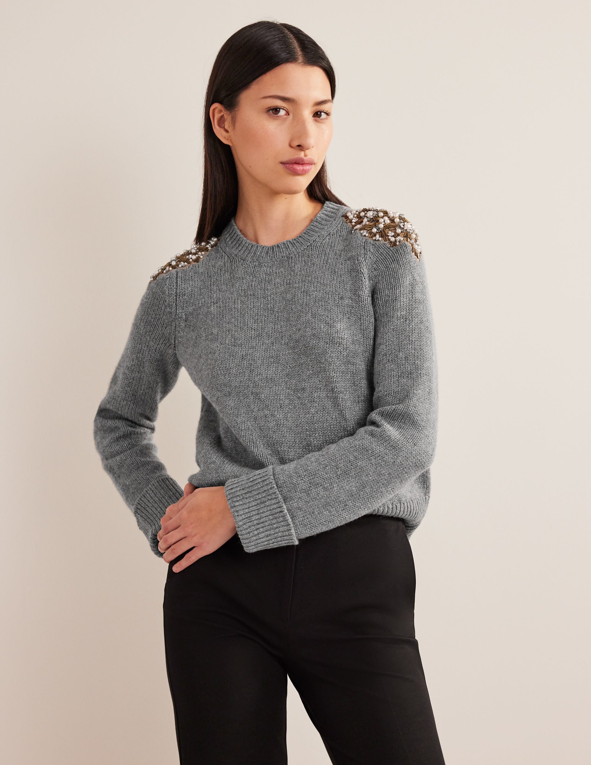 Embellished Jumper-Grey Melange Embellishment - Image 1