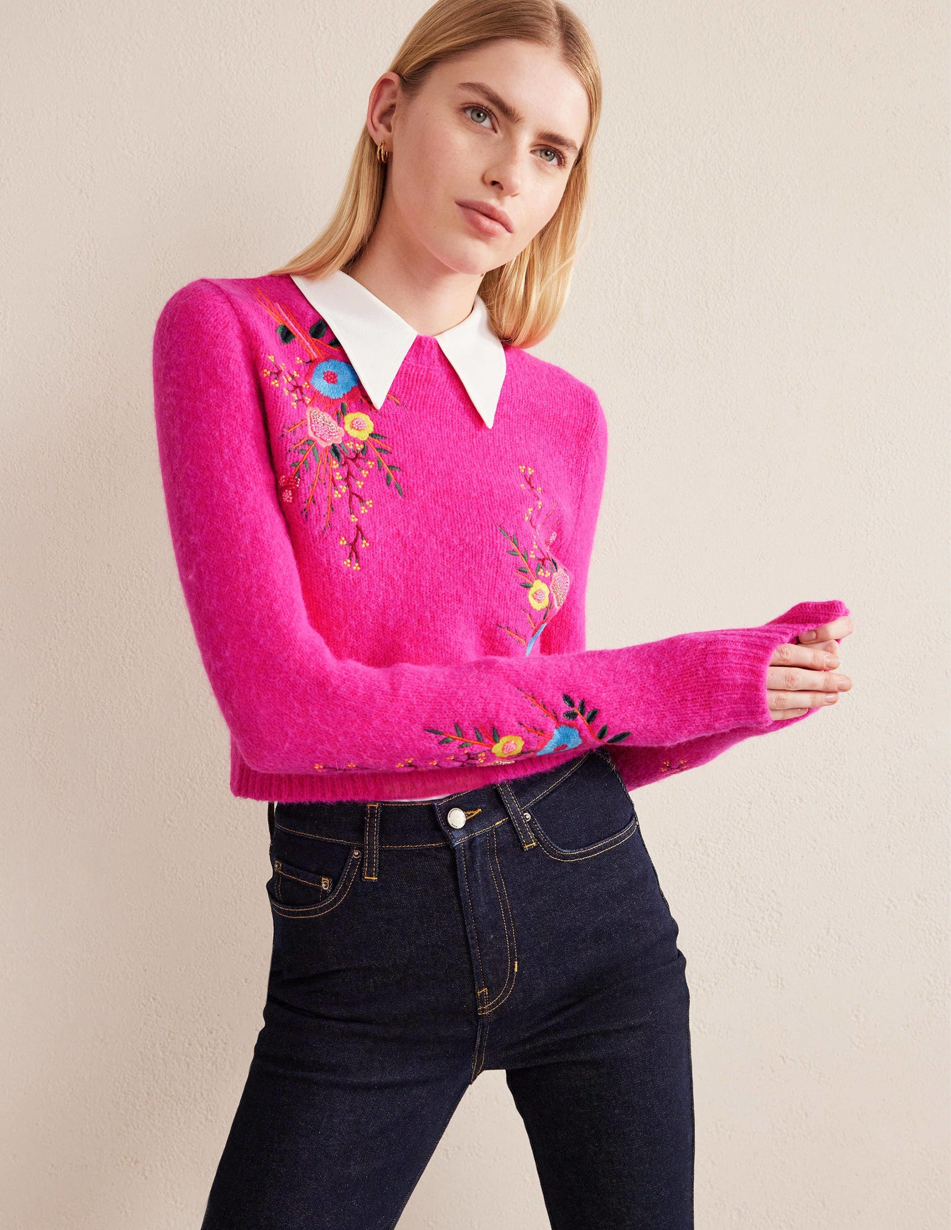 Fluffy Floral Detail Jumper-Shocking Pink Floral-1