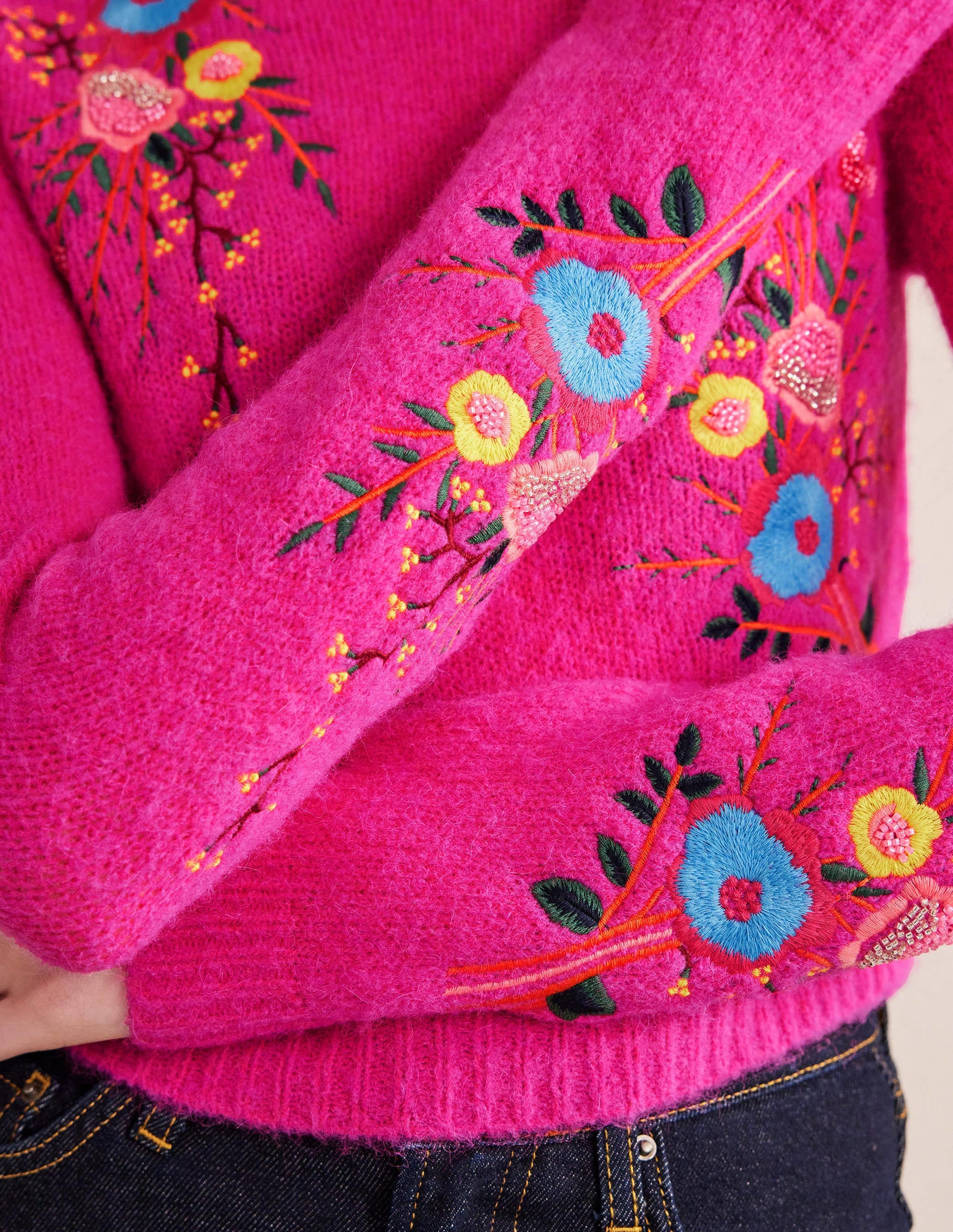 Fluffy Floral Detail Jumper-Shocking Pink Floral - Image 2