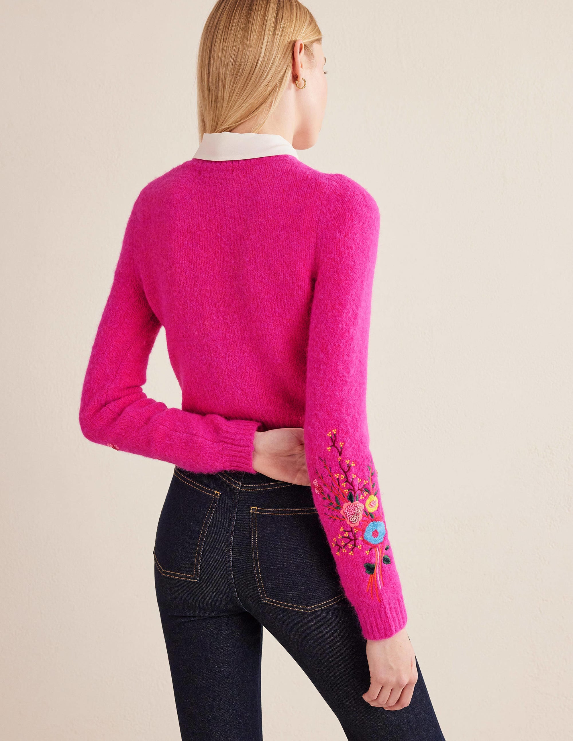 Fluffy Floral Detail Jumper-Shocking Pink Floral - Image 3