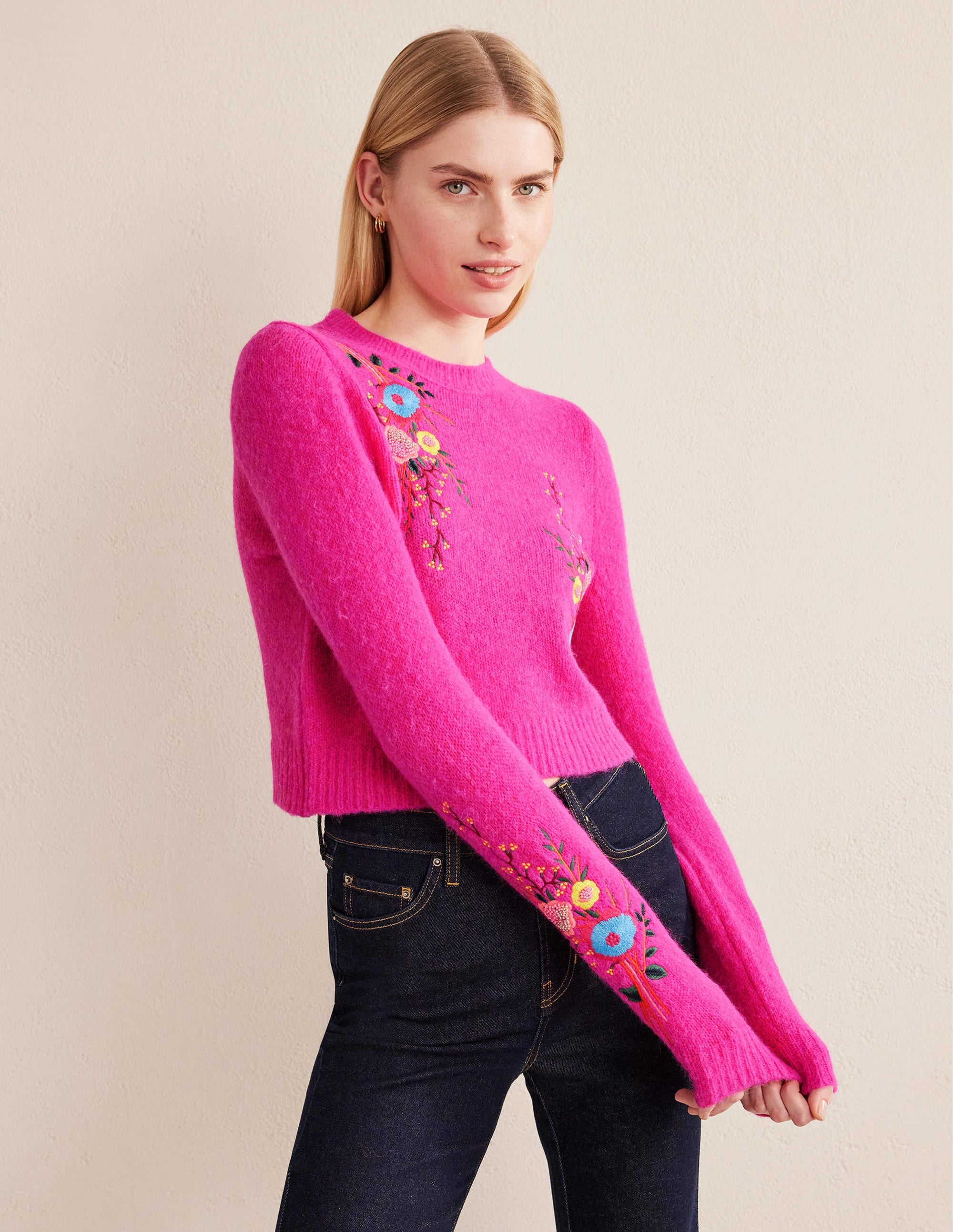 Fluffy Floral Detail Jumper-Shocking Pink Floral - Image 4