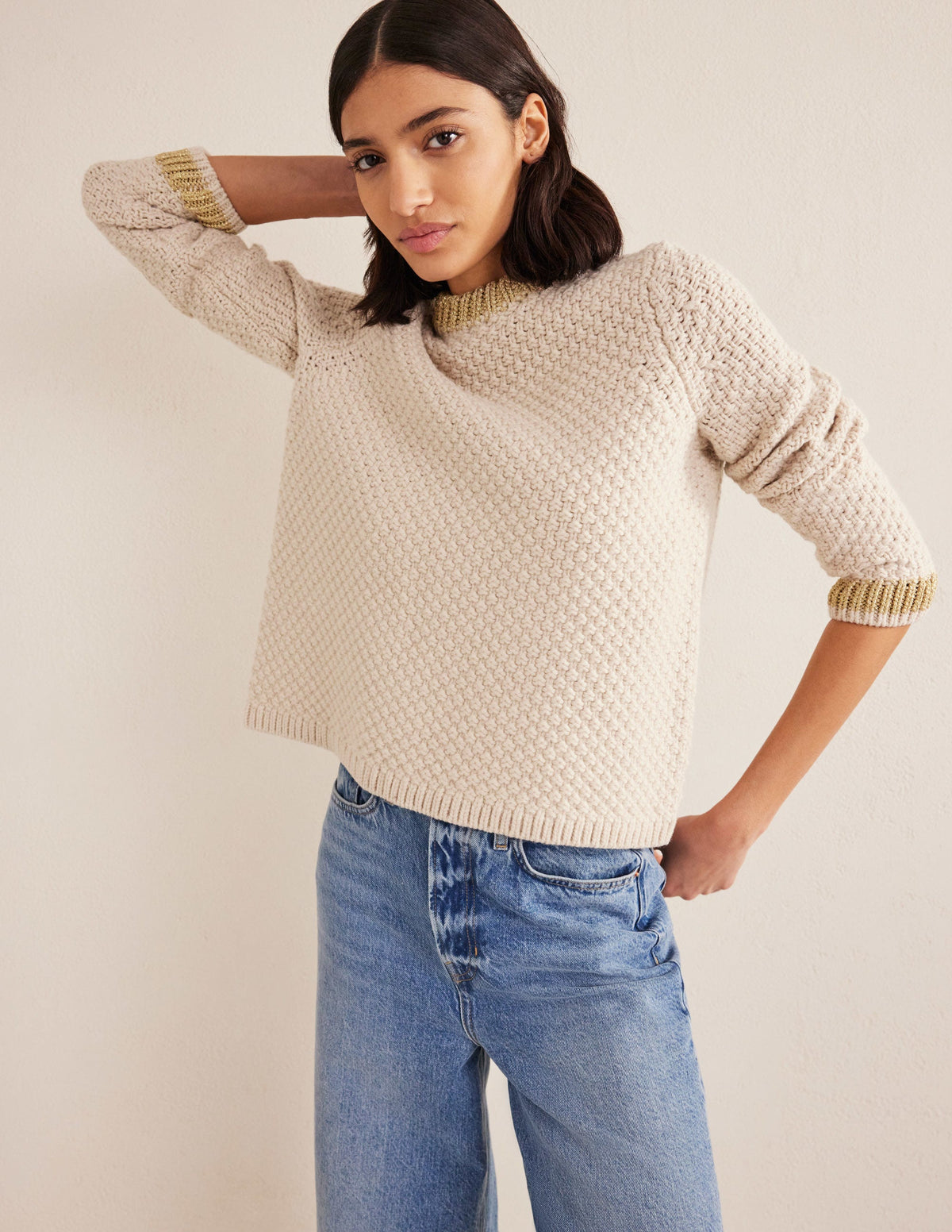 Textured Chunky Wool Jumper-Shearling, Gold-1