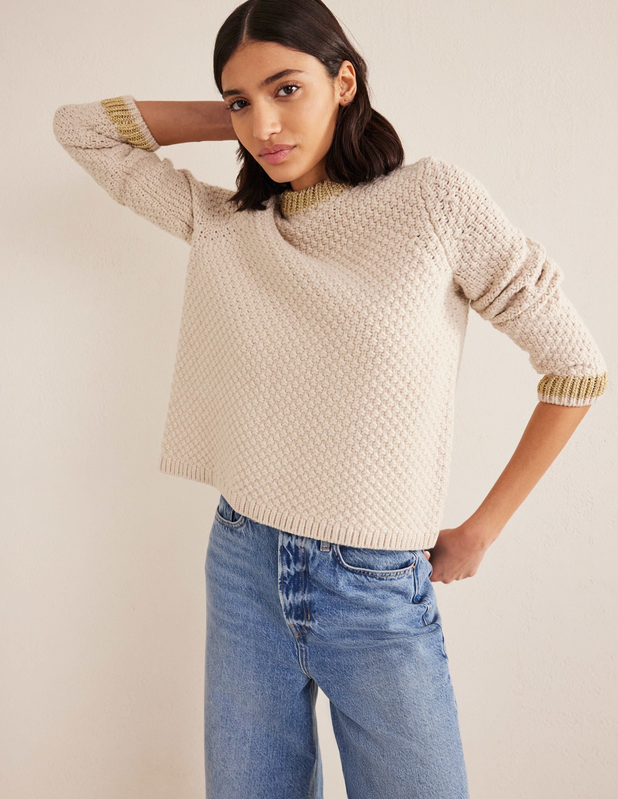 Textured Chunky Wool Jumper-Shearling, Gold - Image 1