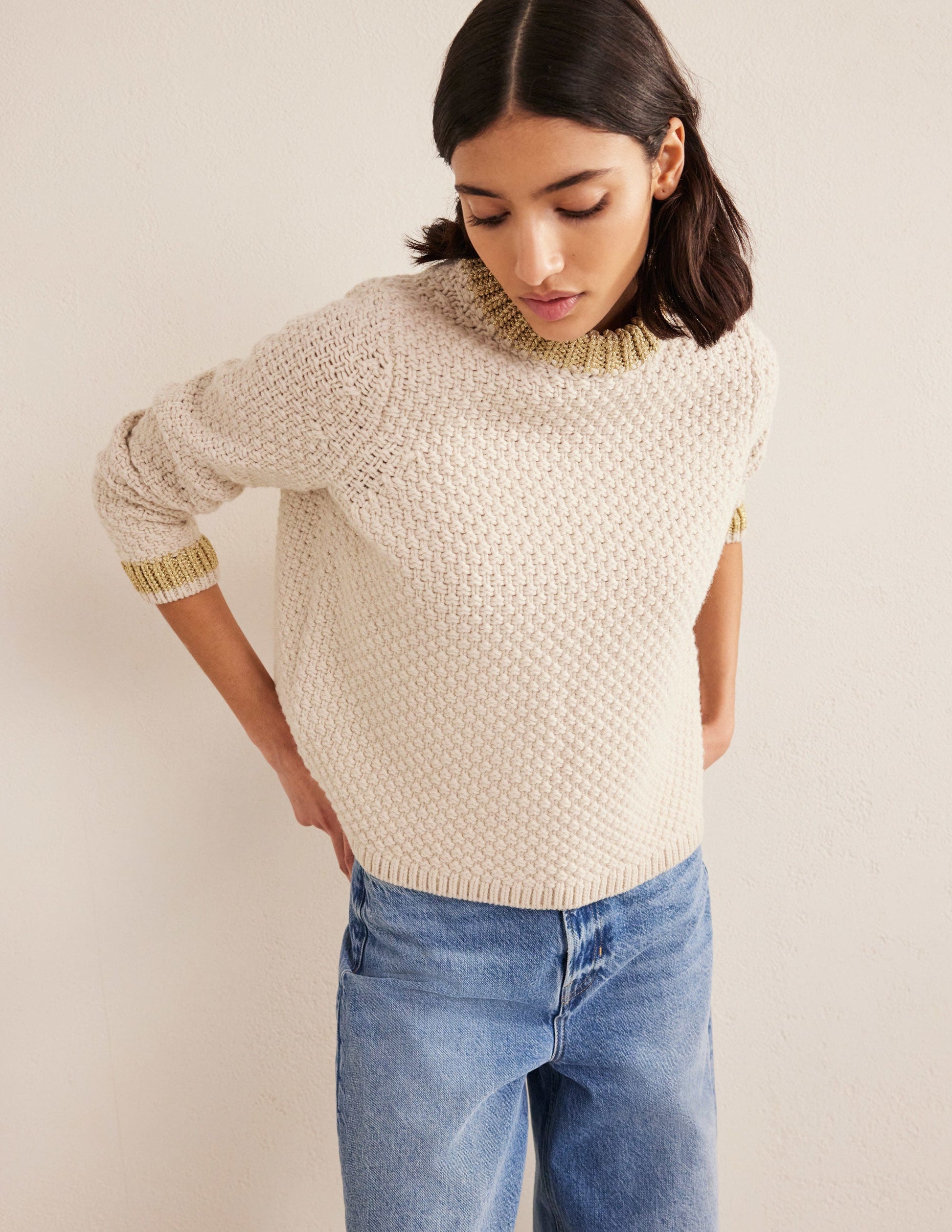 Textured Chunky Wool Jumper-Shearling, Gold-4