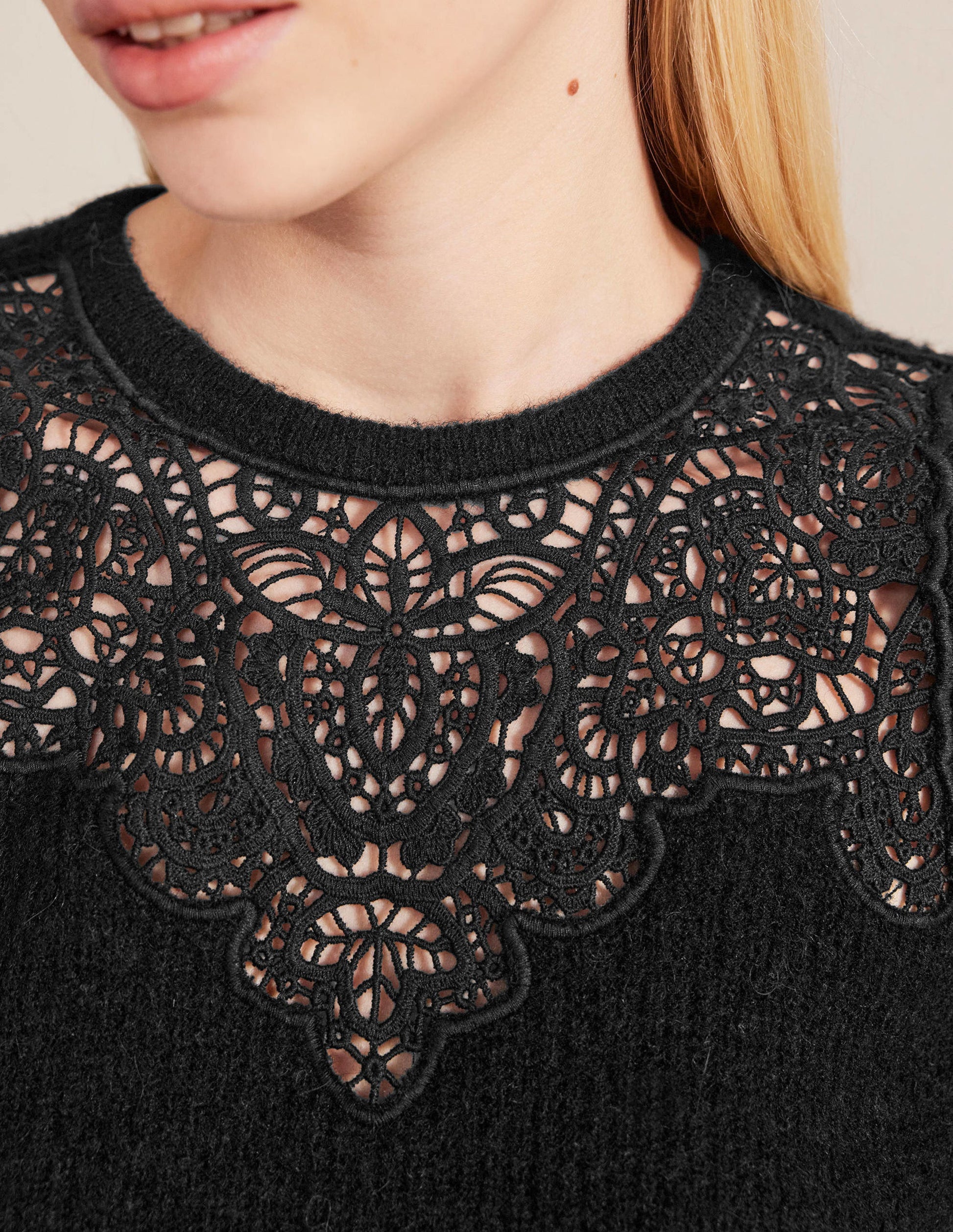 Lace Panel Fluffy Jumper-Black-2