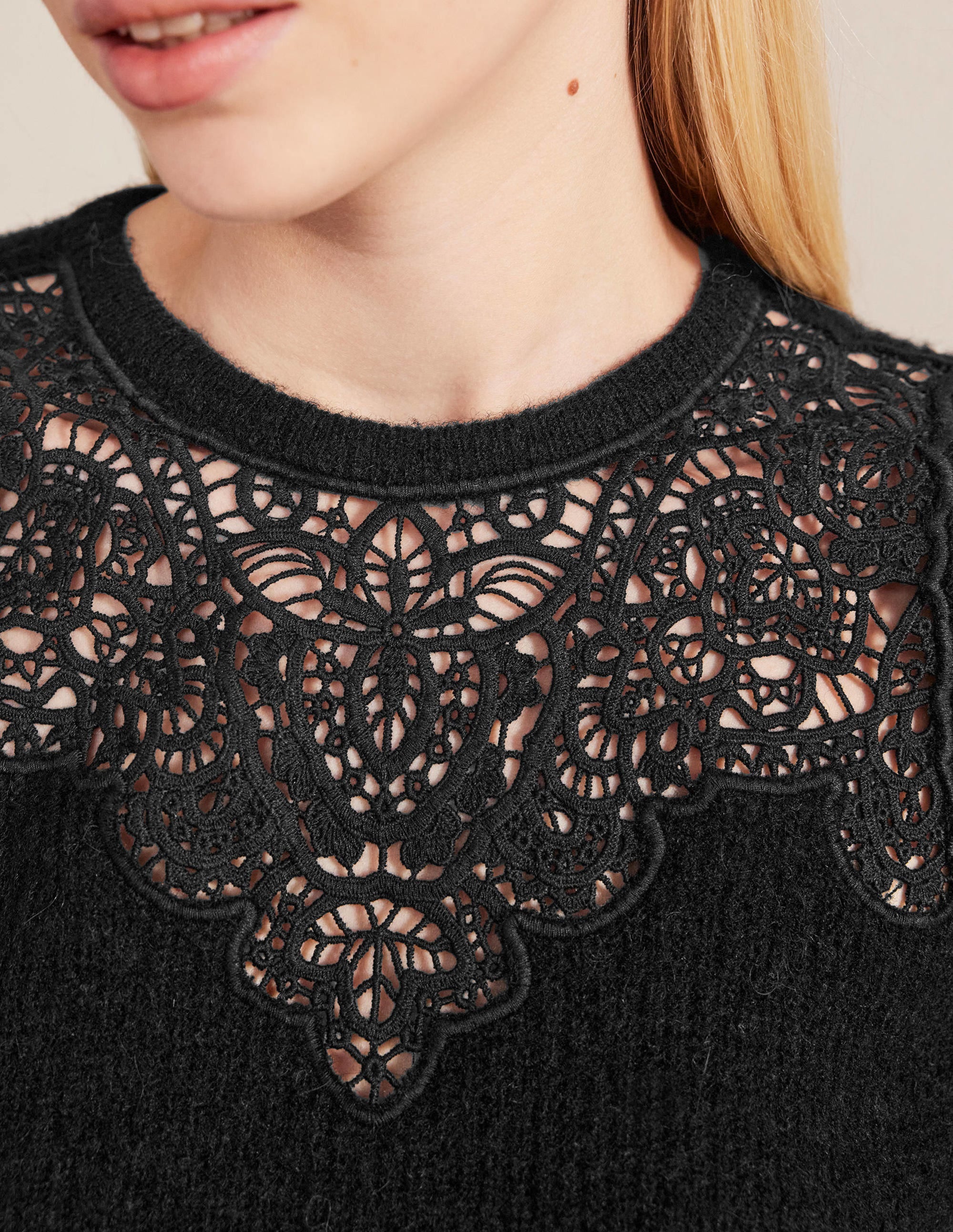 Lace Panel Fluffy Jumper-Black - Image 2