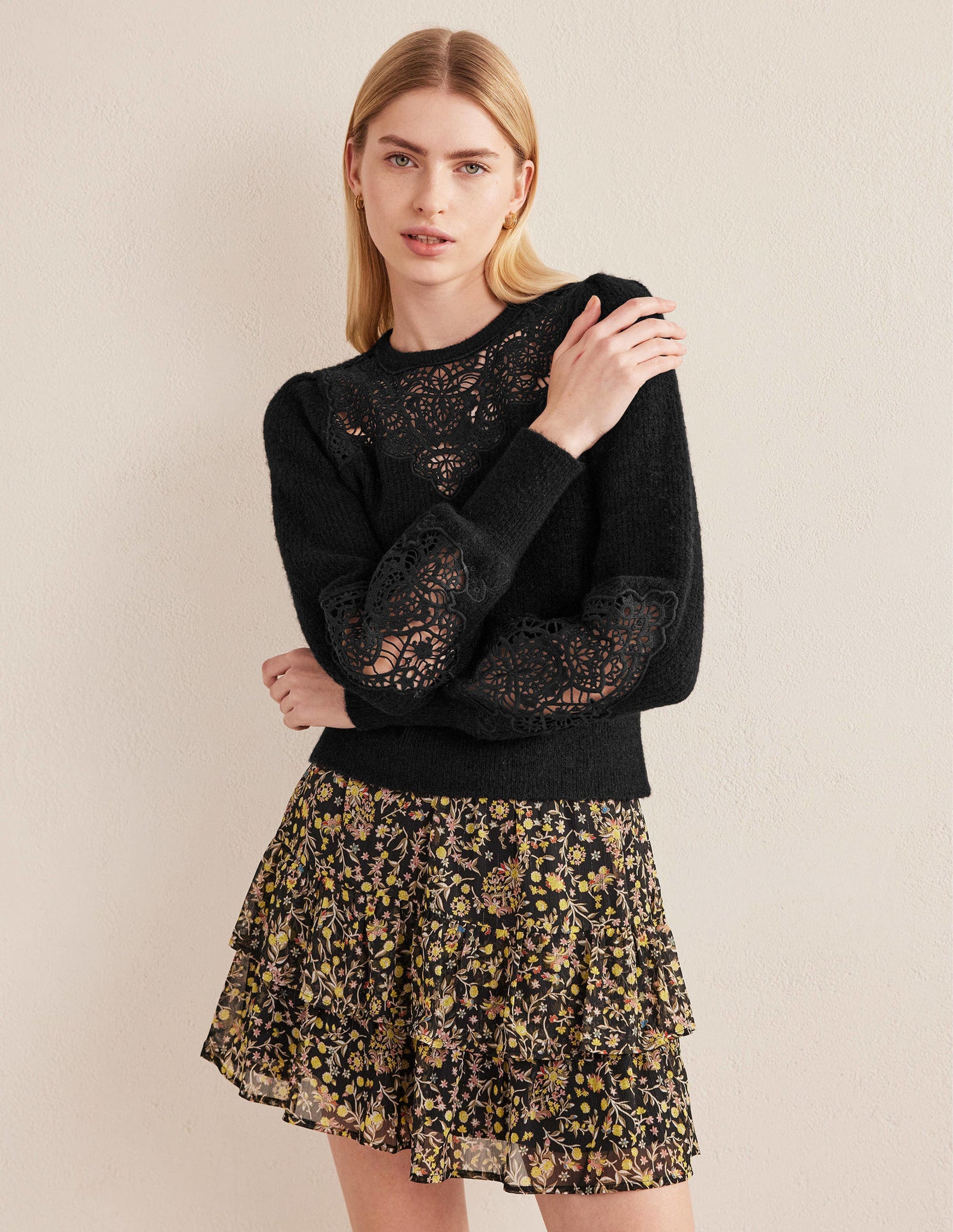 Lace Panel Fluffy Jumper-Black-4