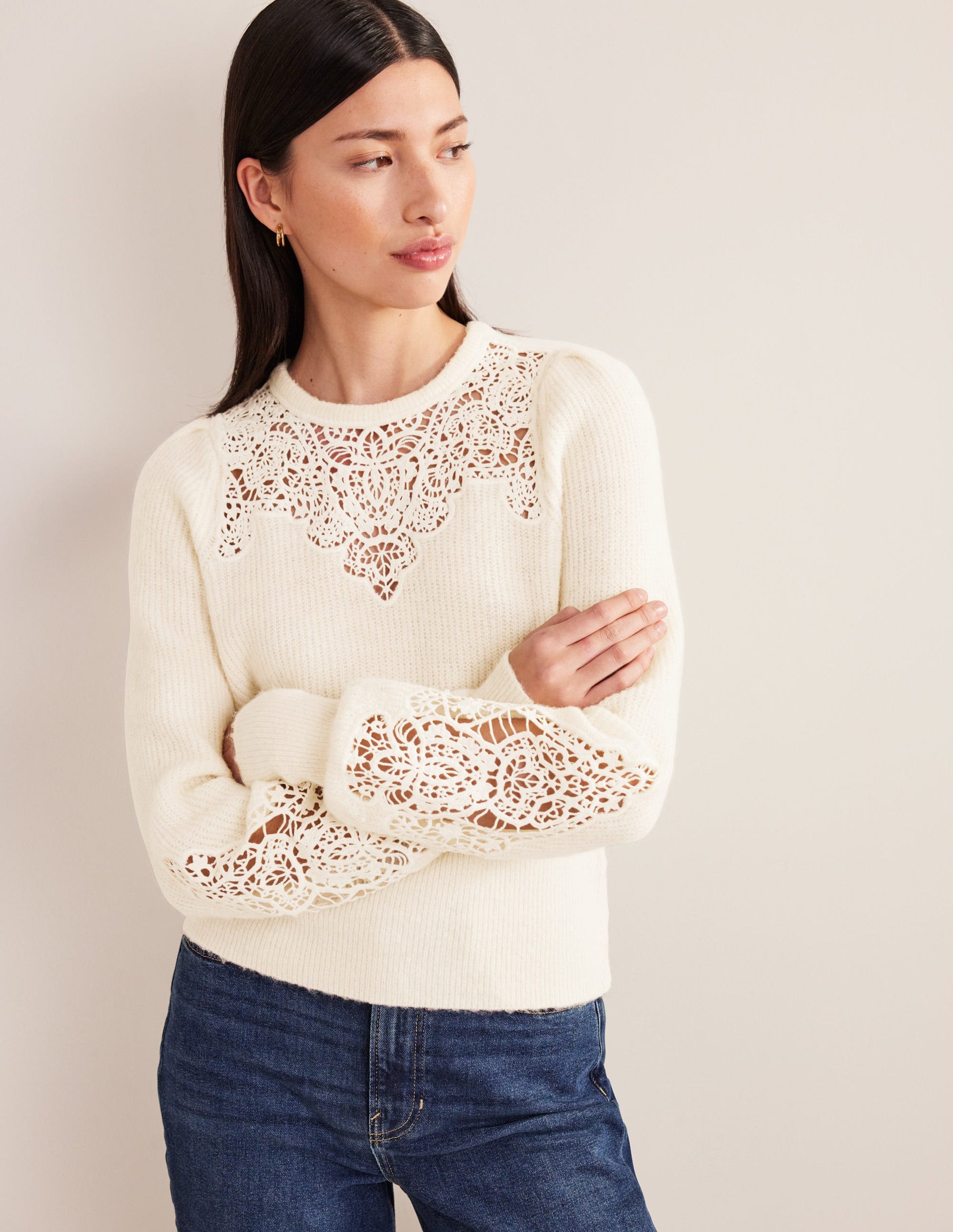 Lace Panel Fluffy Jumper-Ivory-1
