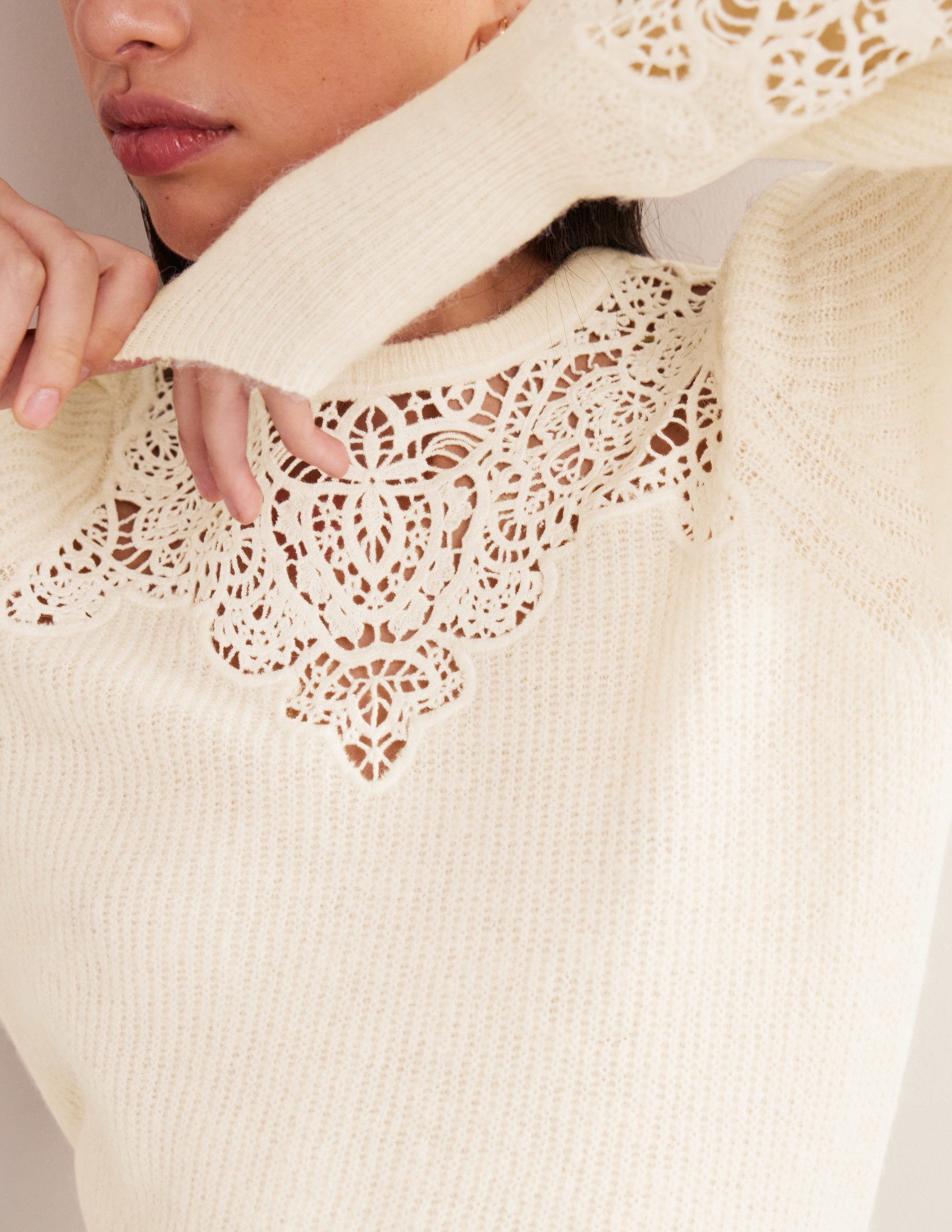 Lace Panel Fluffy Jumper-Ivory - Image 2