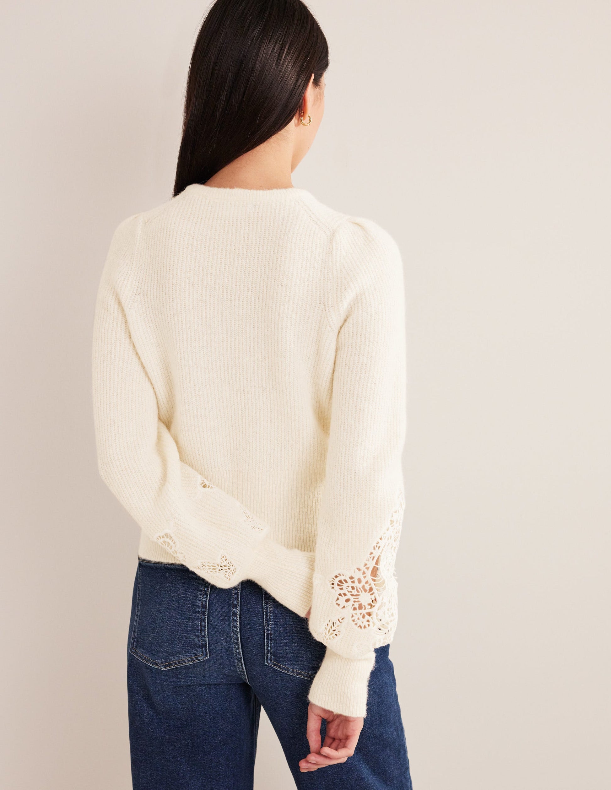 Lace Panel Fluffy Jumper-Ivory-3
