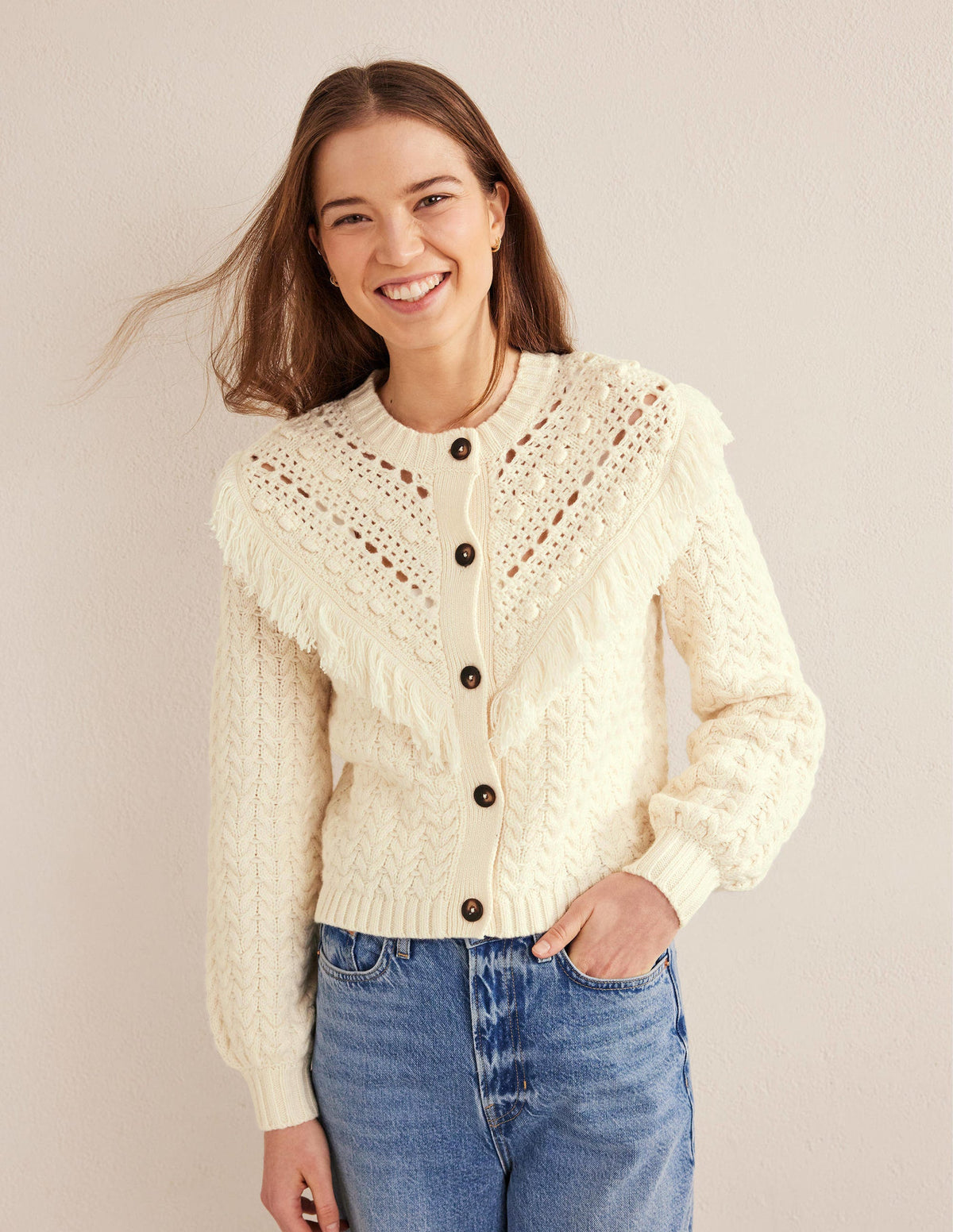 Fringe Detail Cardigan-Ivory-1
