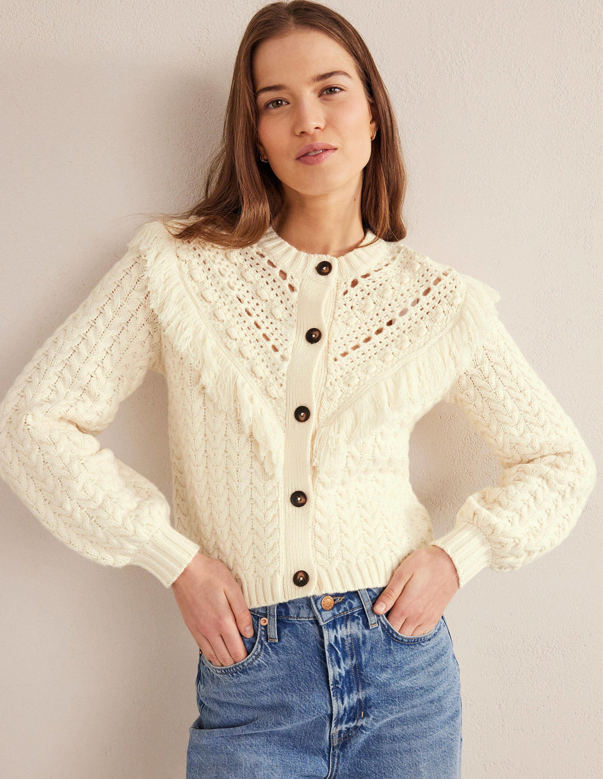 Fringe Detail Cardigan-Ivory - Image 4