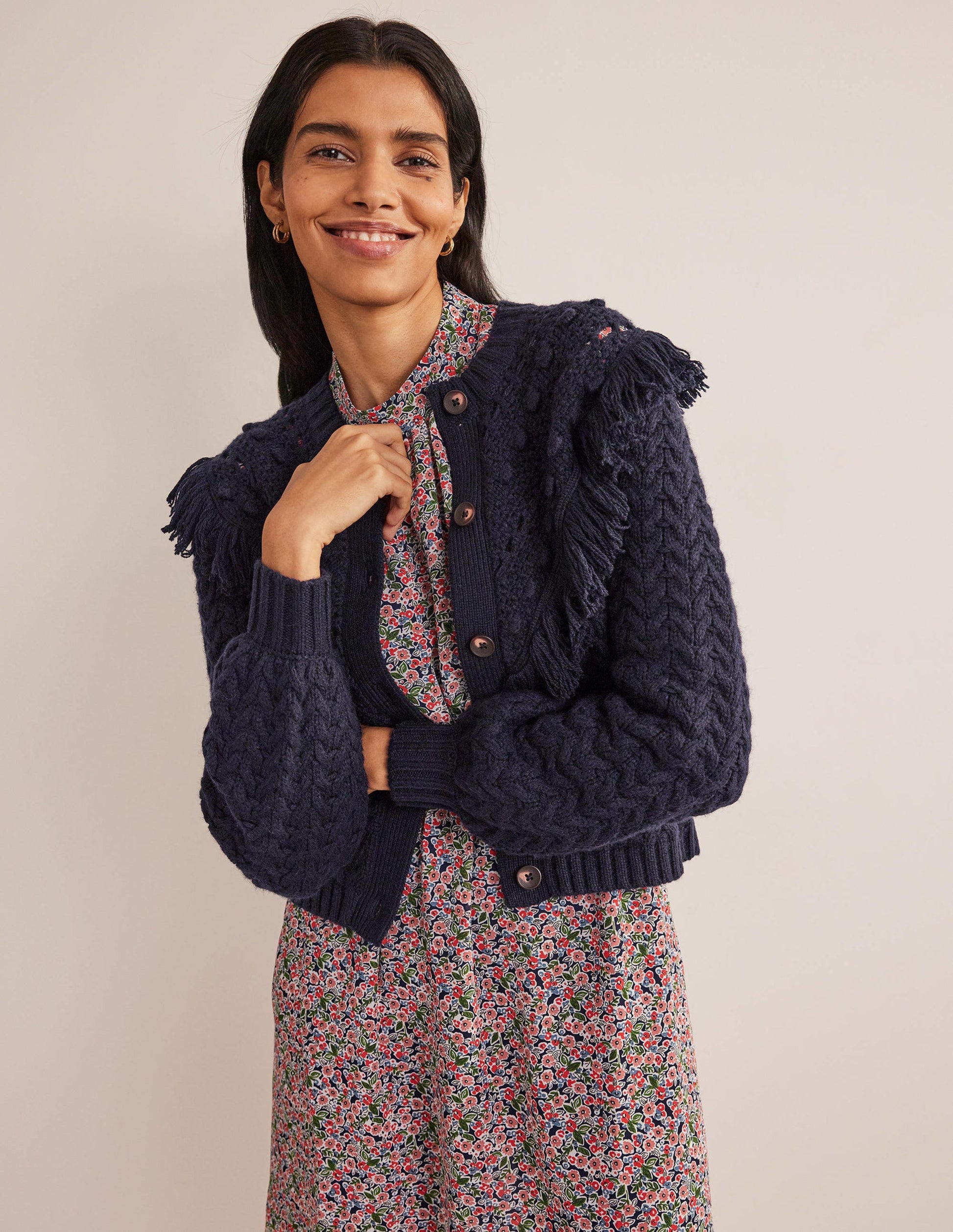 Fringe Detail Cardigan-Navy-1