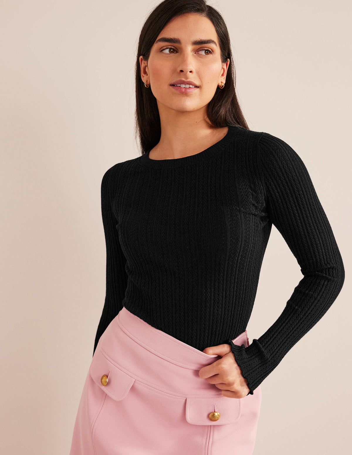 Ribbed Pointelle Top-Black - Image 1