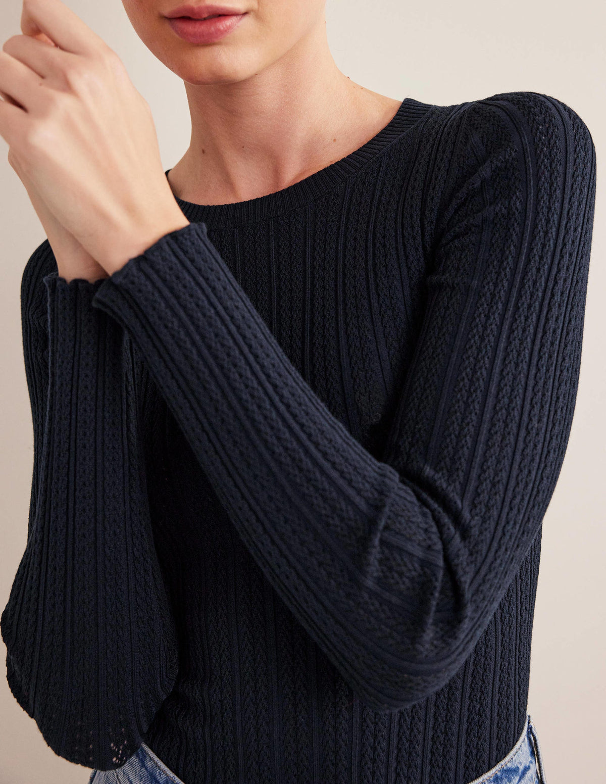 Ribbed Pointelle Top-Navy - Image 2