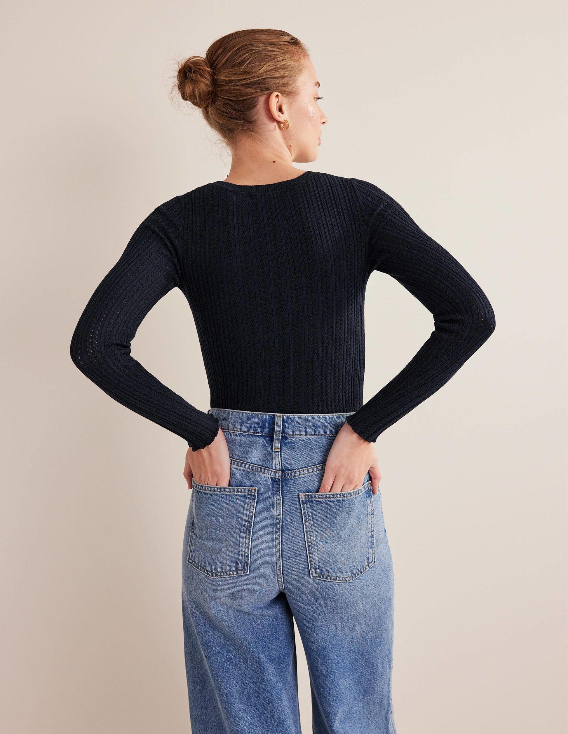 Ribbed Pointelle Top-Navy-3