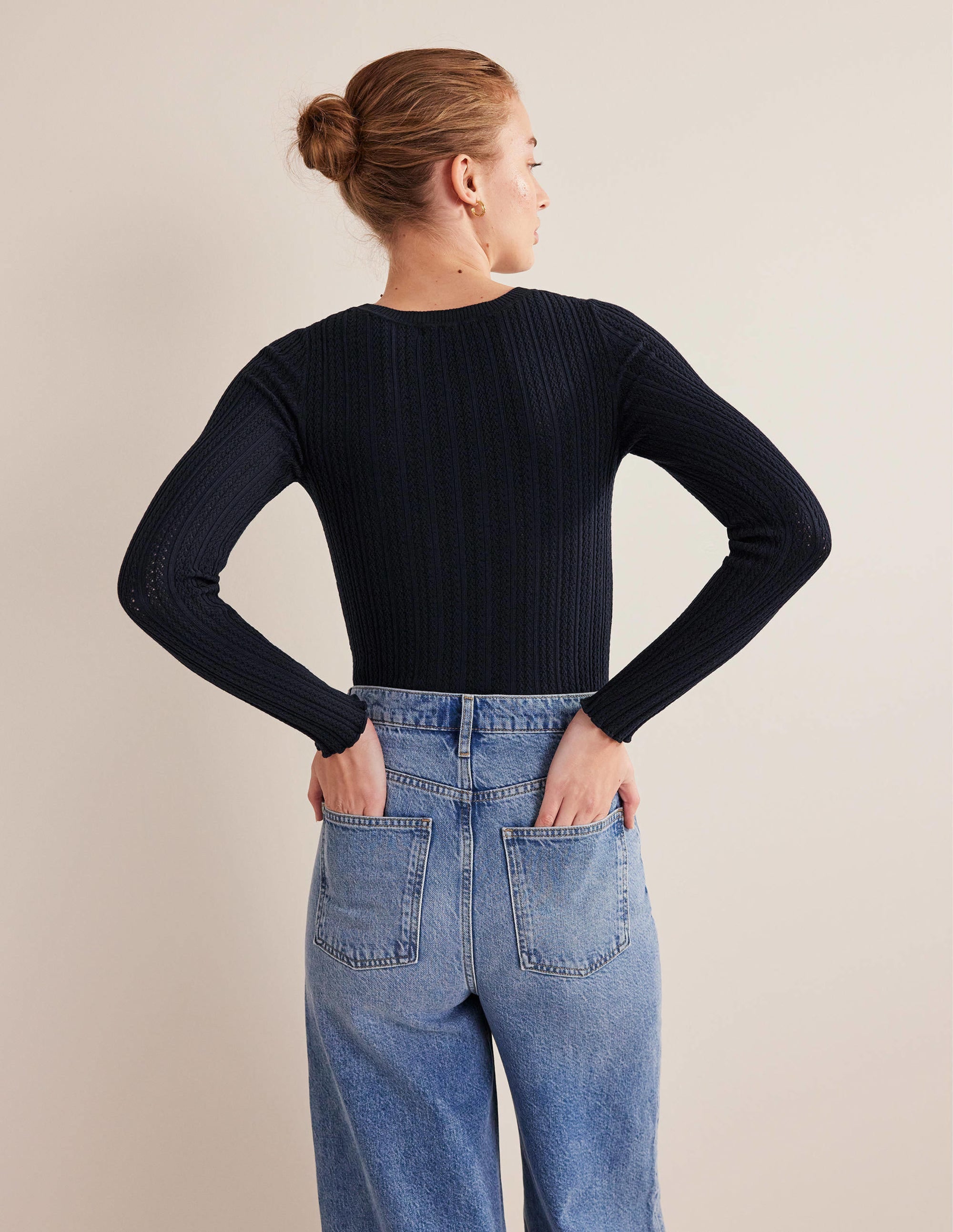 Ribbed Pointelle Top-Navy - Image 3