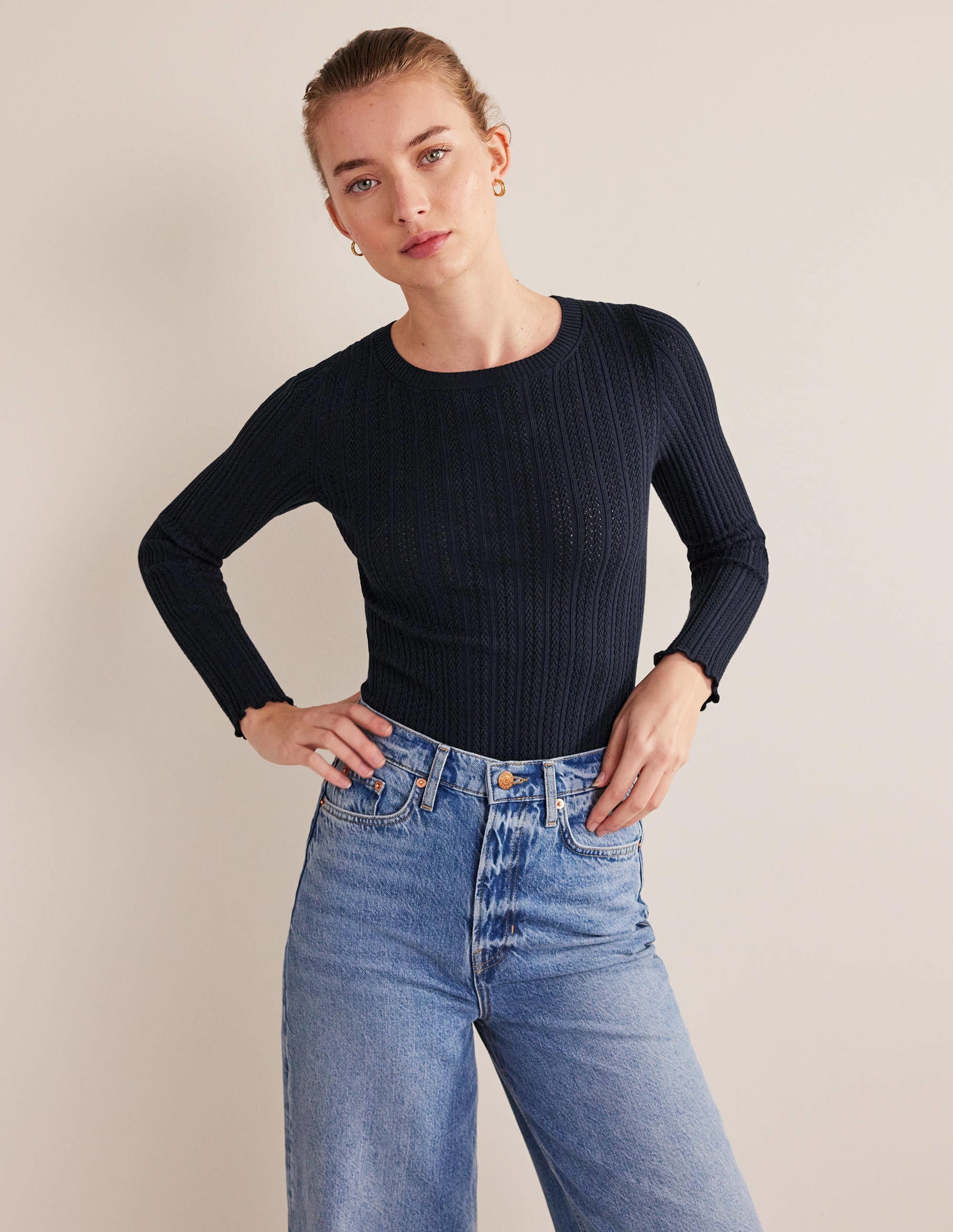 Ribbed Pointelle Top-Navy - Image 4