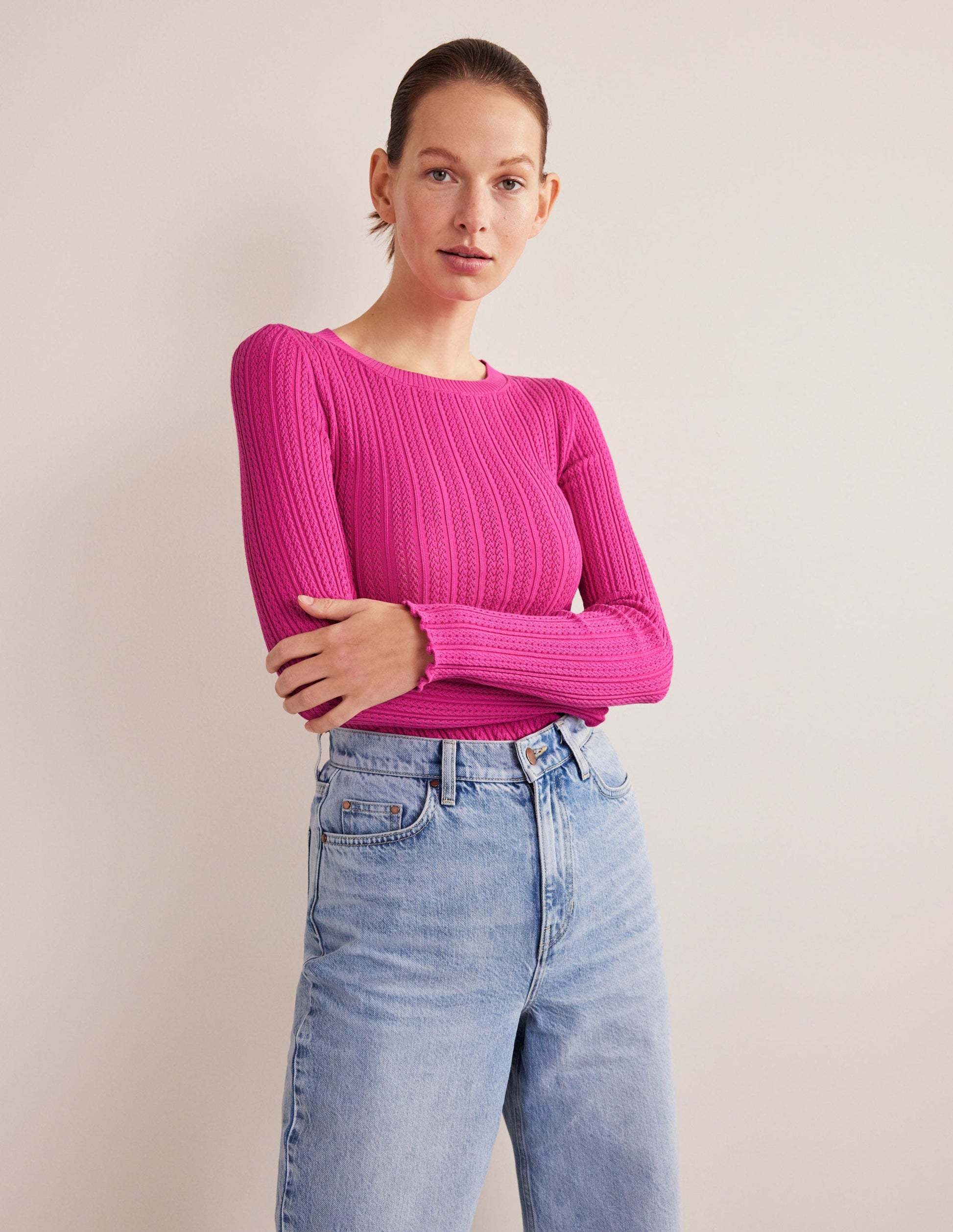 Ribbed Pointelle Top-Fuschia Fedora-1