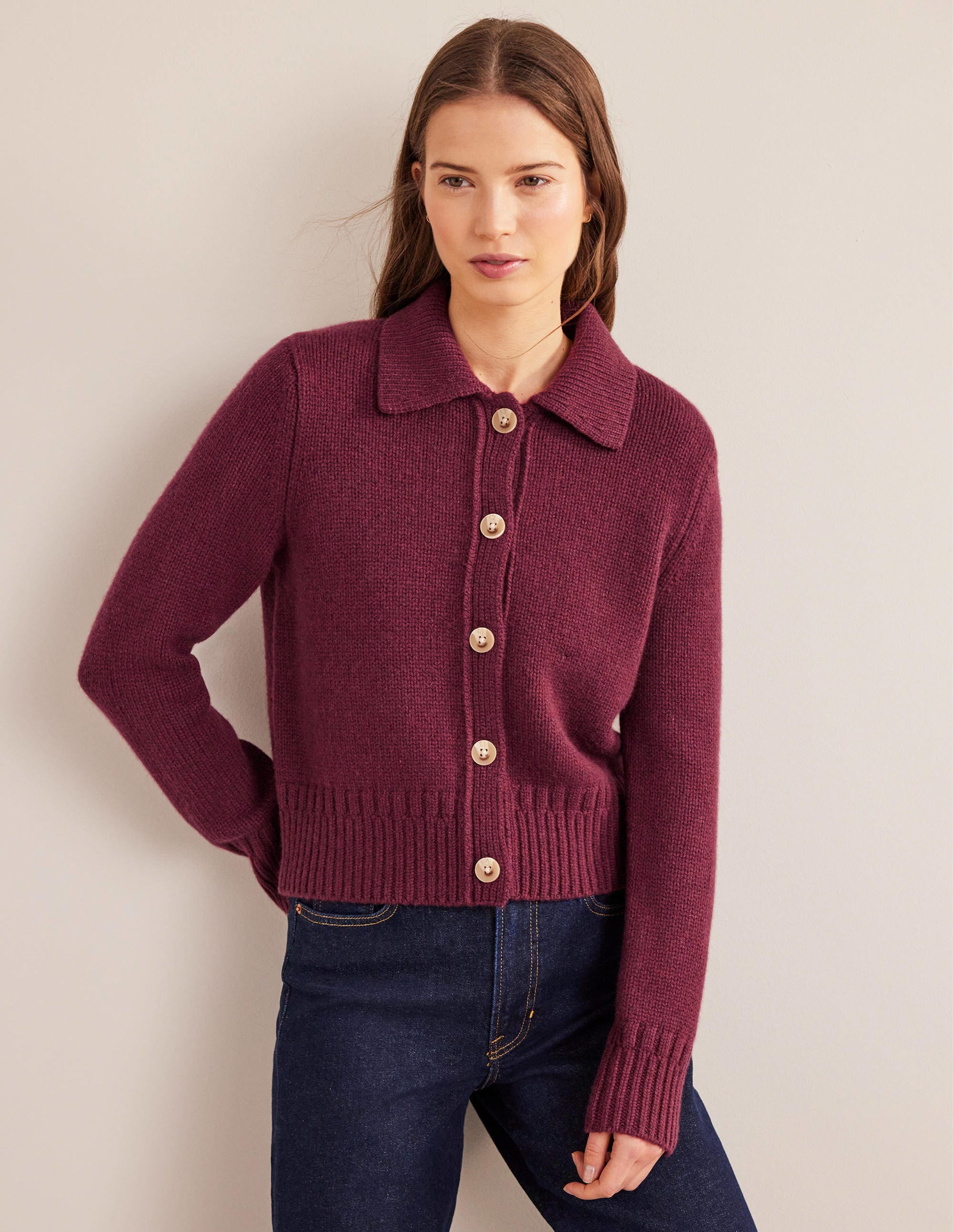 Collared Cashmere Cardigan-Mulled Wine Melange - Image 1