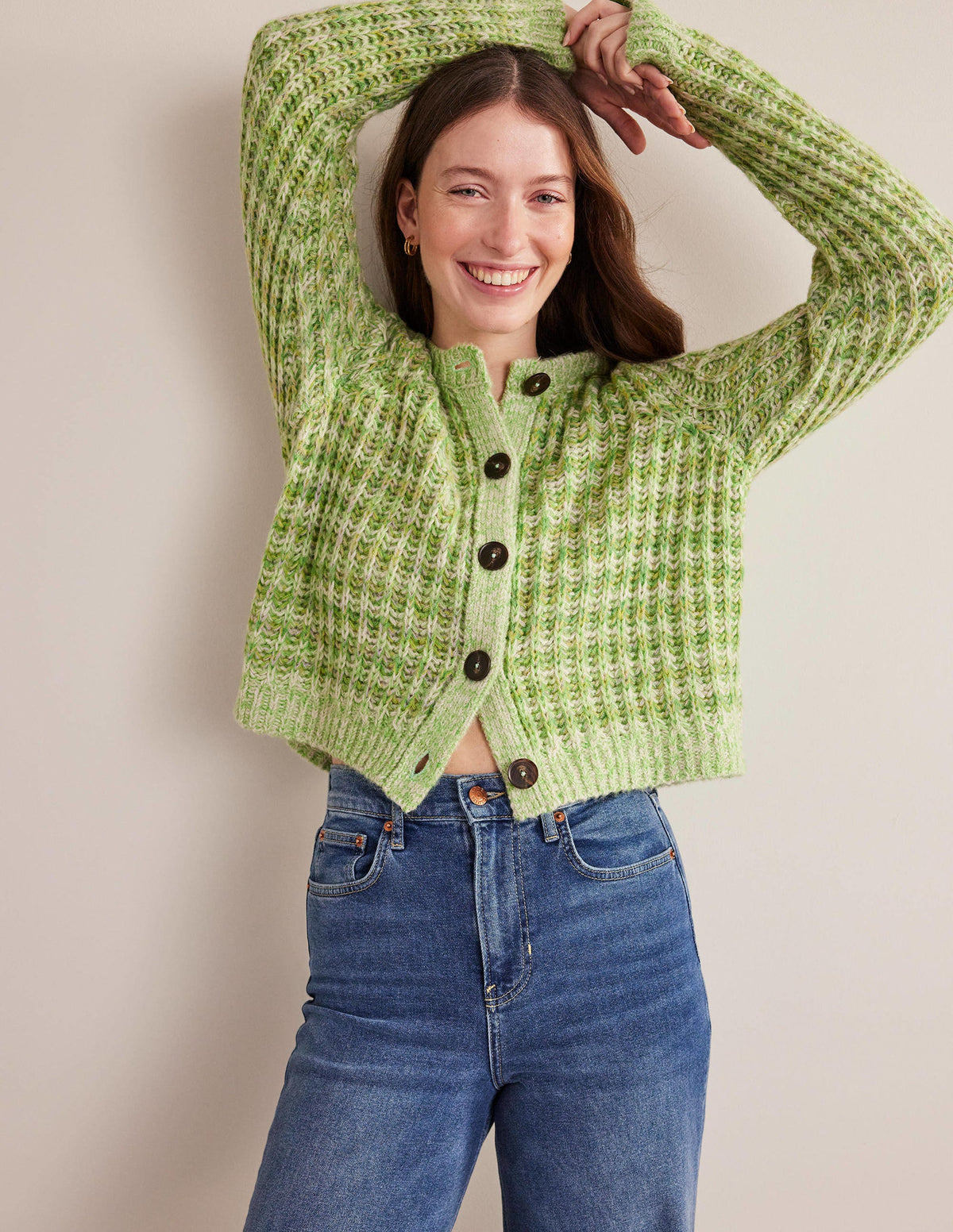 Wide Rib Fluffy Cardigan-Green Marl - Image 1