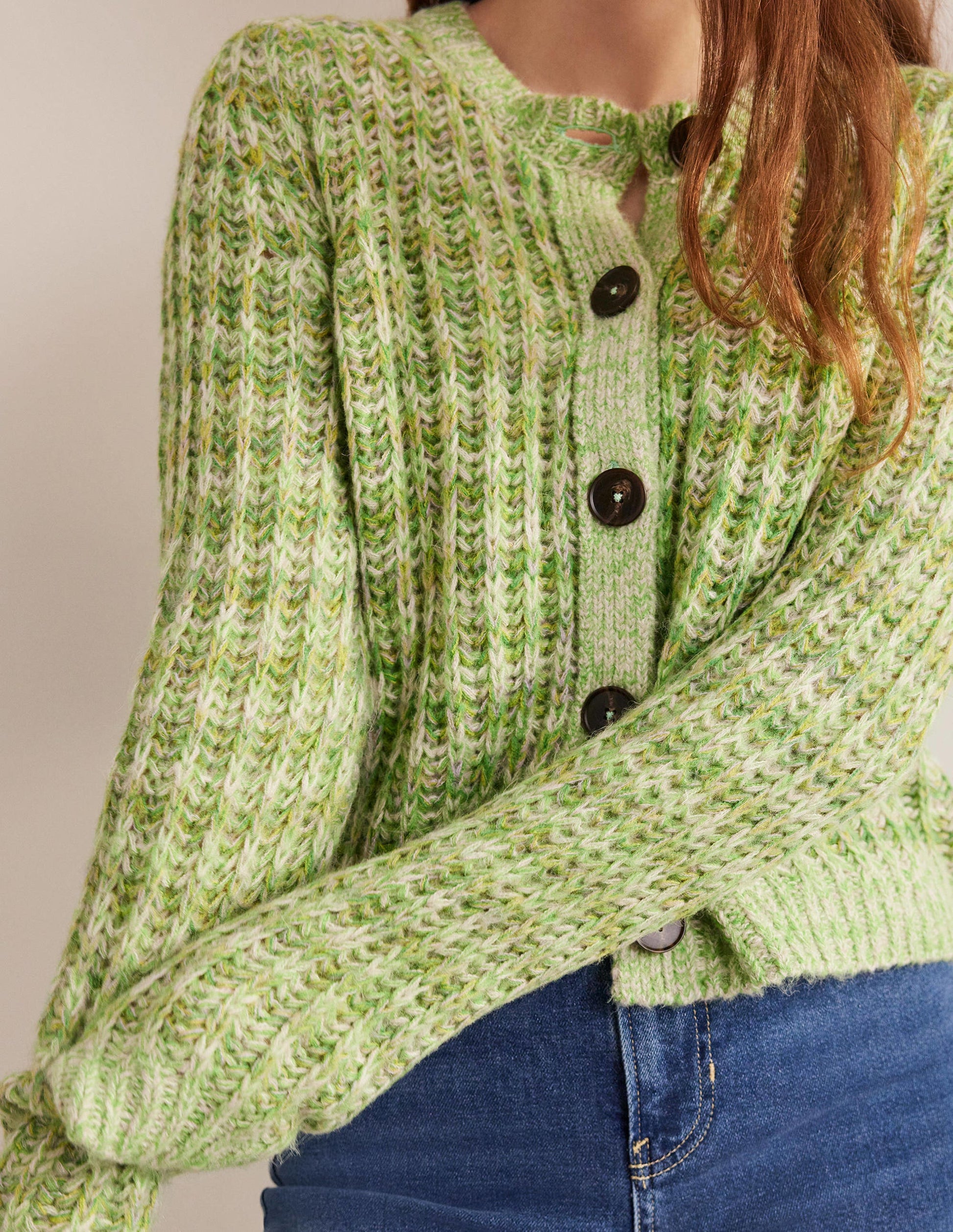 Wide Rib Fluffy Cardigan-Green Marl-2