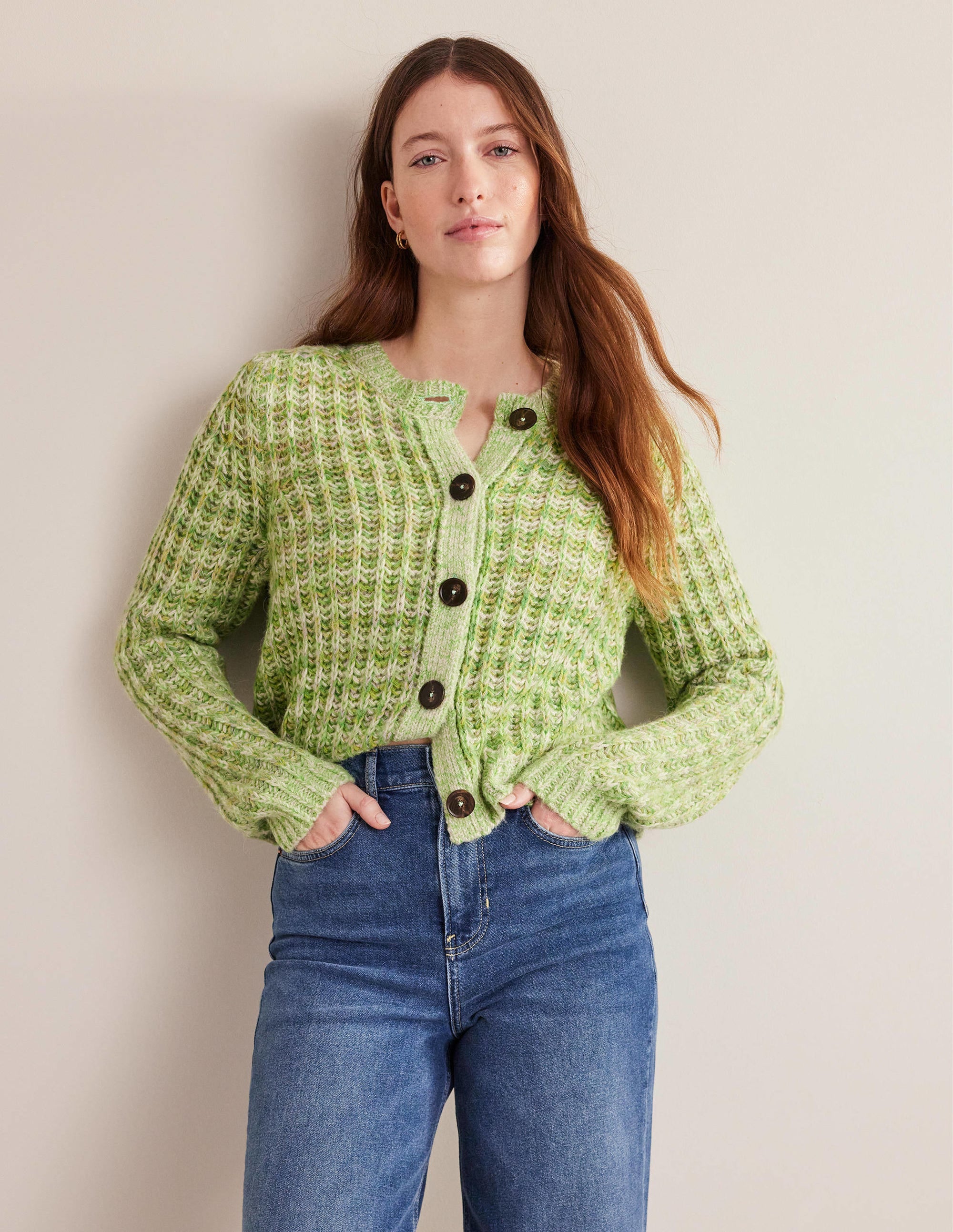 Wide Rib Fluffy Cardigan-Green Marl - Image 5
