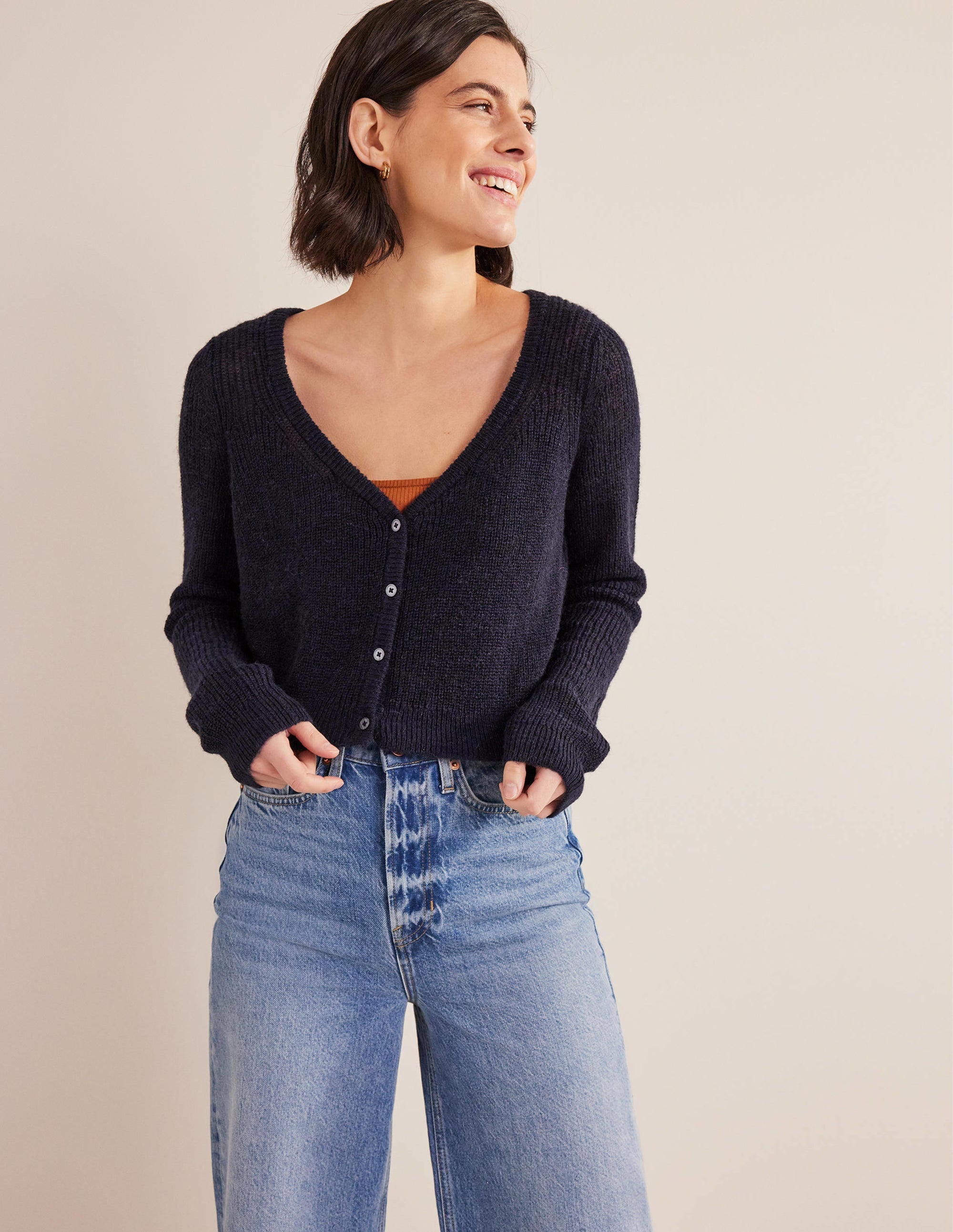 Cropped Fluffy Cardigan-Navy - Image 1