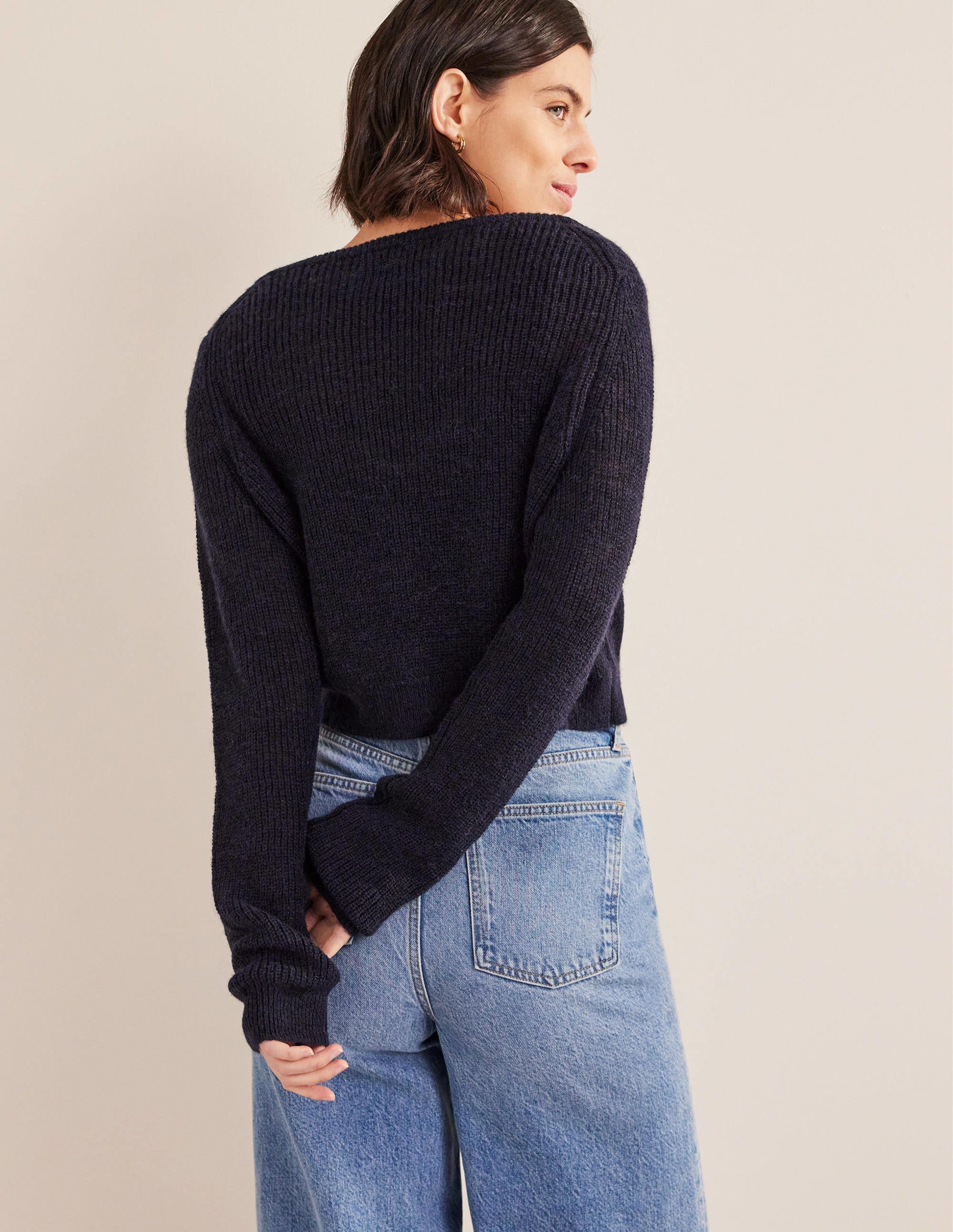 Cropped Fluffy Cardigan-Navy - Image 3