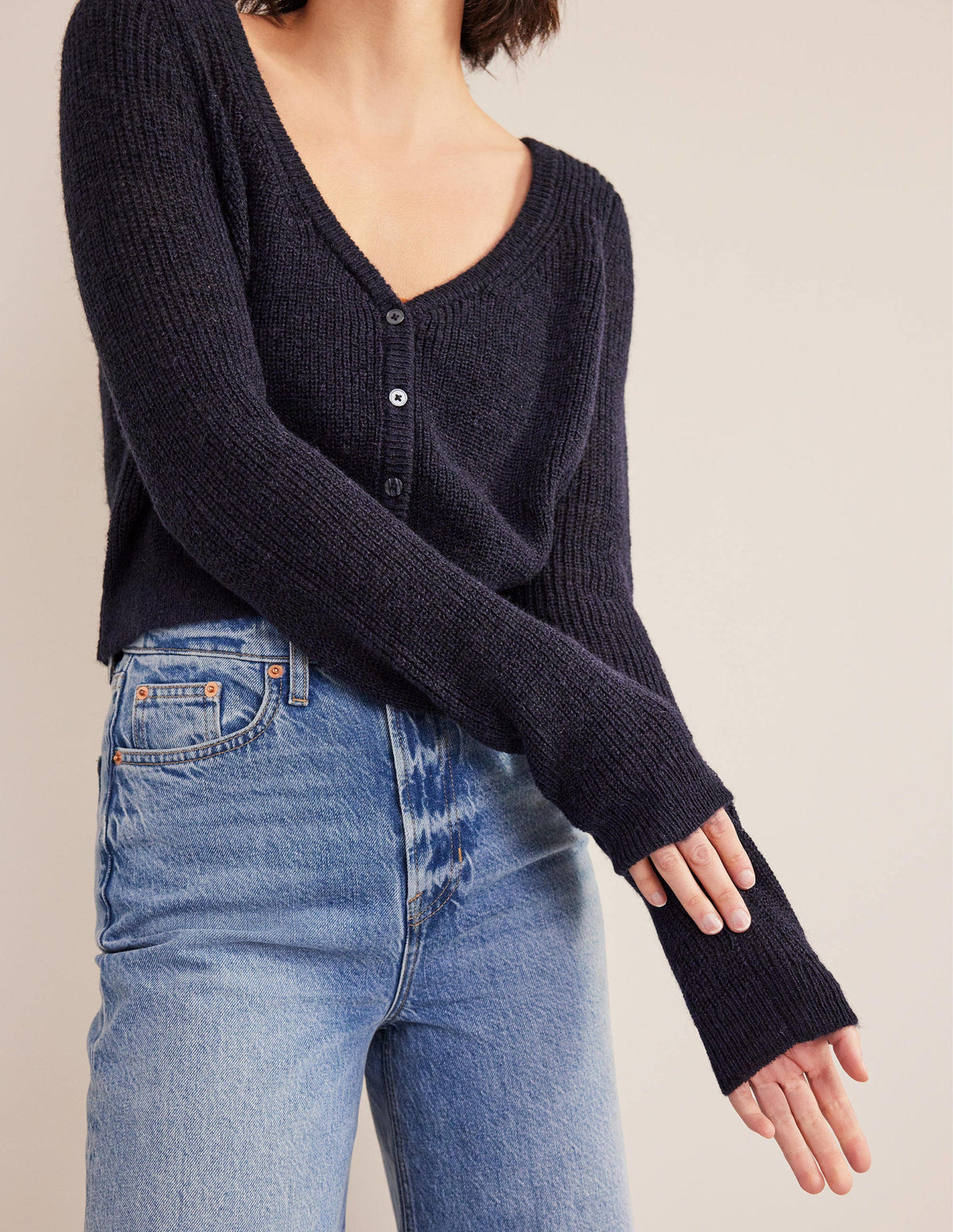 Cropped Fluffy Cardigan-Navy - Image 4