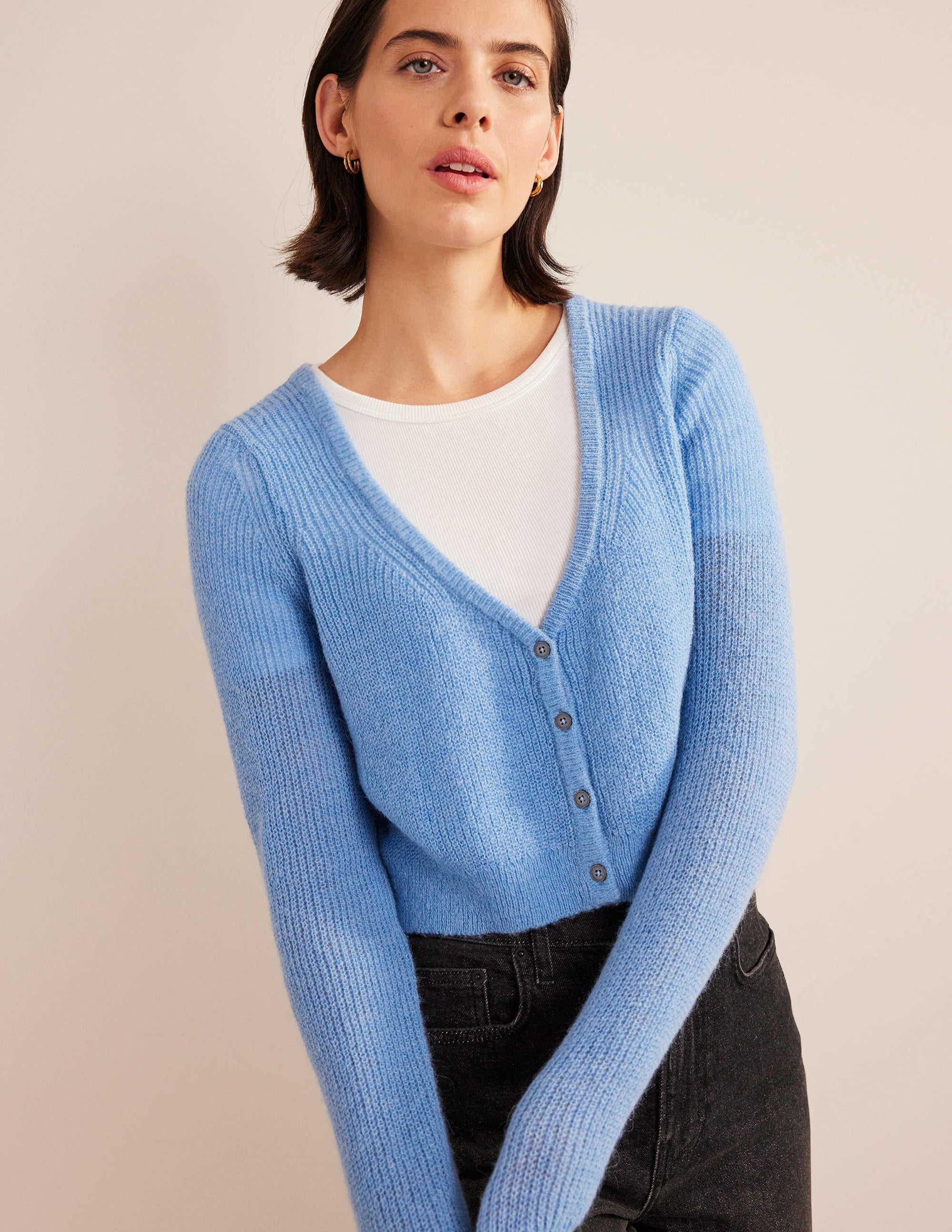 Cropped Fluffy Cardigan-Linseed - Image 1
